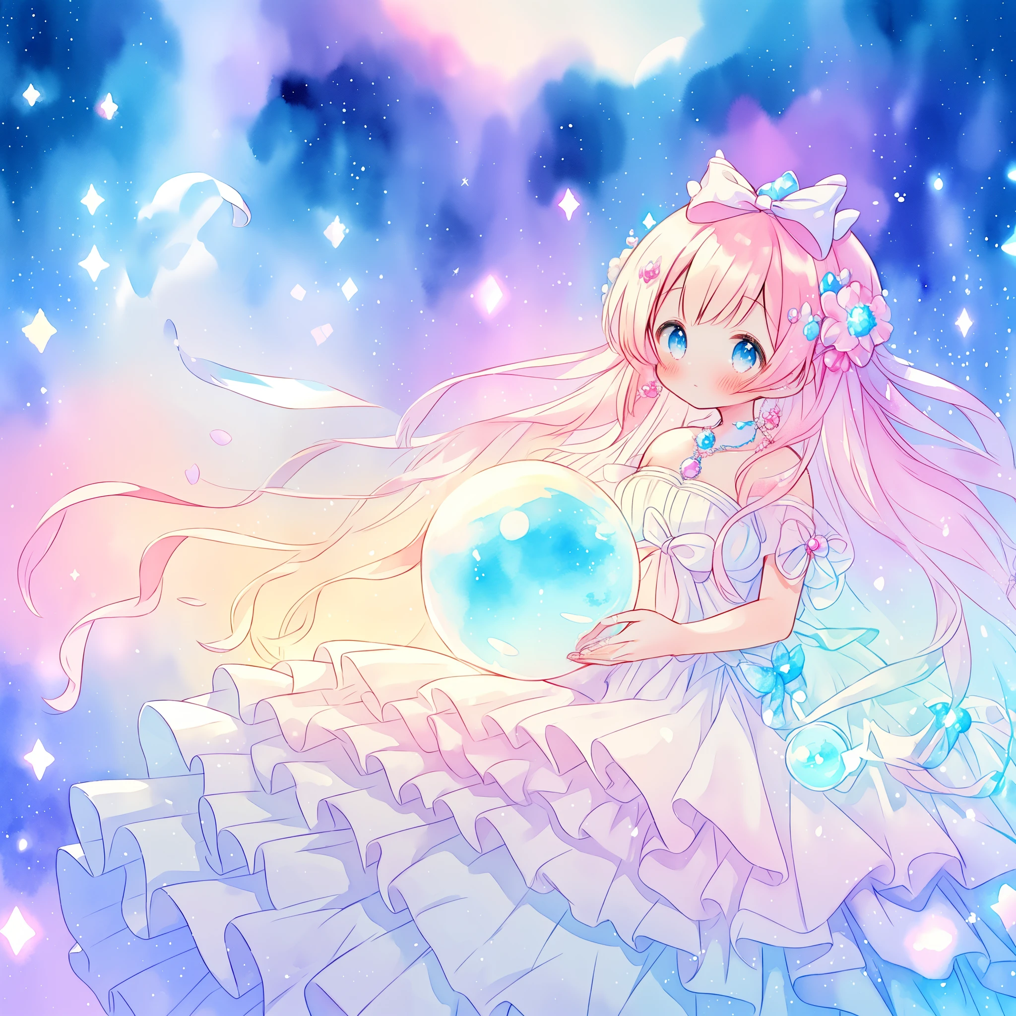 beautiful girl in sparkling white dress holding a magical sphere, ((sparkling puffy layered ballgown)), (magical, whimsical), (glowing magical orb), long flowing colorful hair, colorful fantasia background, watercolor illustration, disney art style, glowing aura around her, glowing lights, beautiful digital illustration, fantasia otherworldly landscape plants flowers, beautiful, masterpiece, best quality, anime disney style