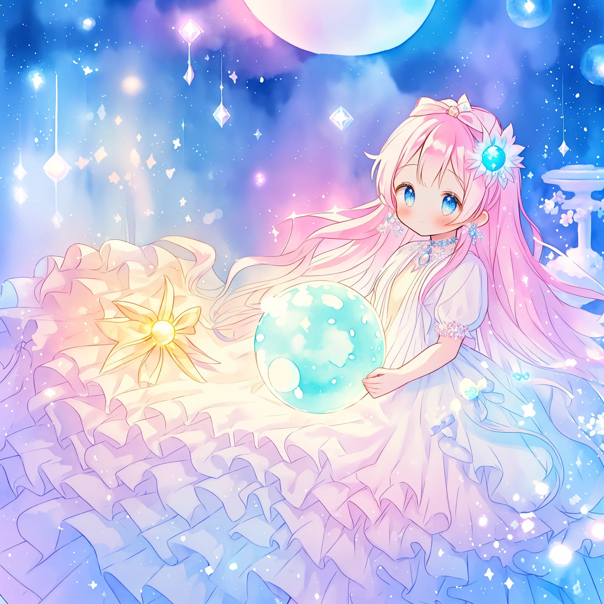 beautiful girl in sparkling white dress holding a magical sphere, ((sparkling puffy layered ballgown)), (magical, whimsical), (glowing magical orb), long flowing colorful hair, colorful fantasia background, watercolor illustration, disney art style, glowing aura around her, glowing lights, beautiful digital illustration, fantasia otherworldly landscape plants flowers, beautiful, masterpiece, best quality, anime disney style