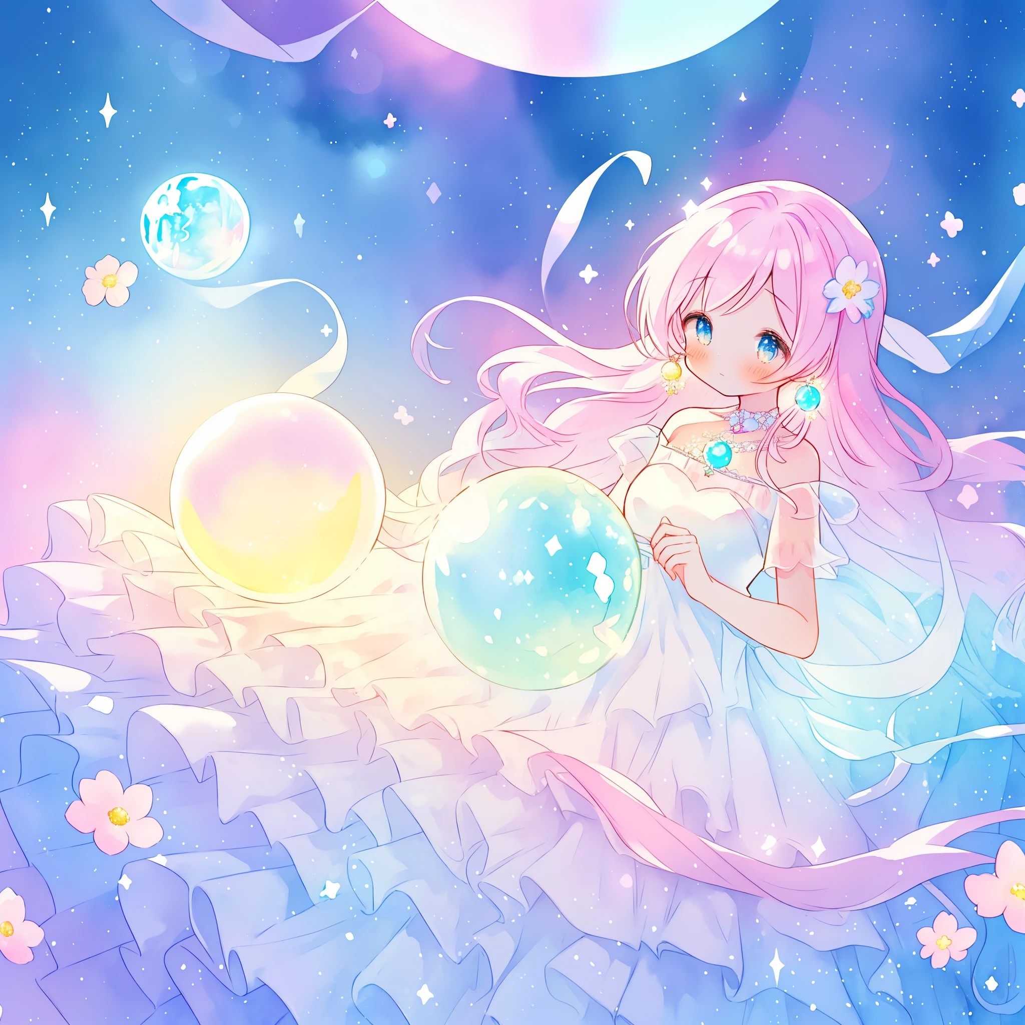 beautiful girl in sparkling white dress holding a magical sphere, ((sparkling puffy layered ballgown)), (magical, whimsical), (glowing magical orb), long flowing colorful hair, colorful fantasia background, watercolor illustration, disney art style, glowing aura around her, glowing lights, beautiful digital illustration, fantasia otherworldly landscape plants flowers, beautiful, masterpiece, best quality, anime disney style