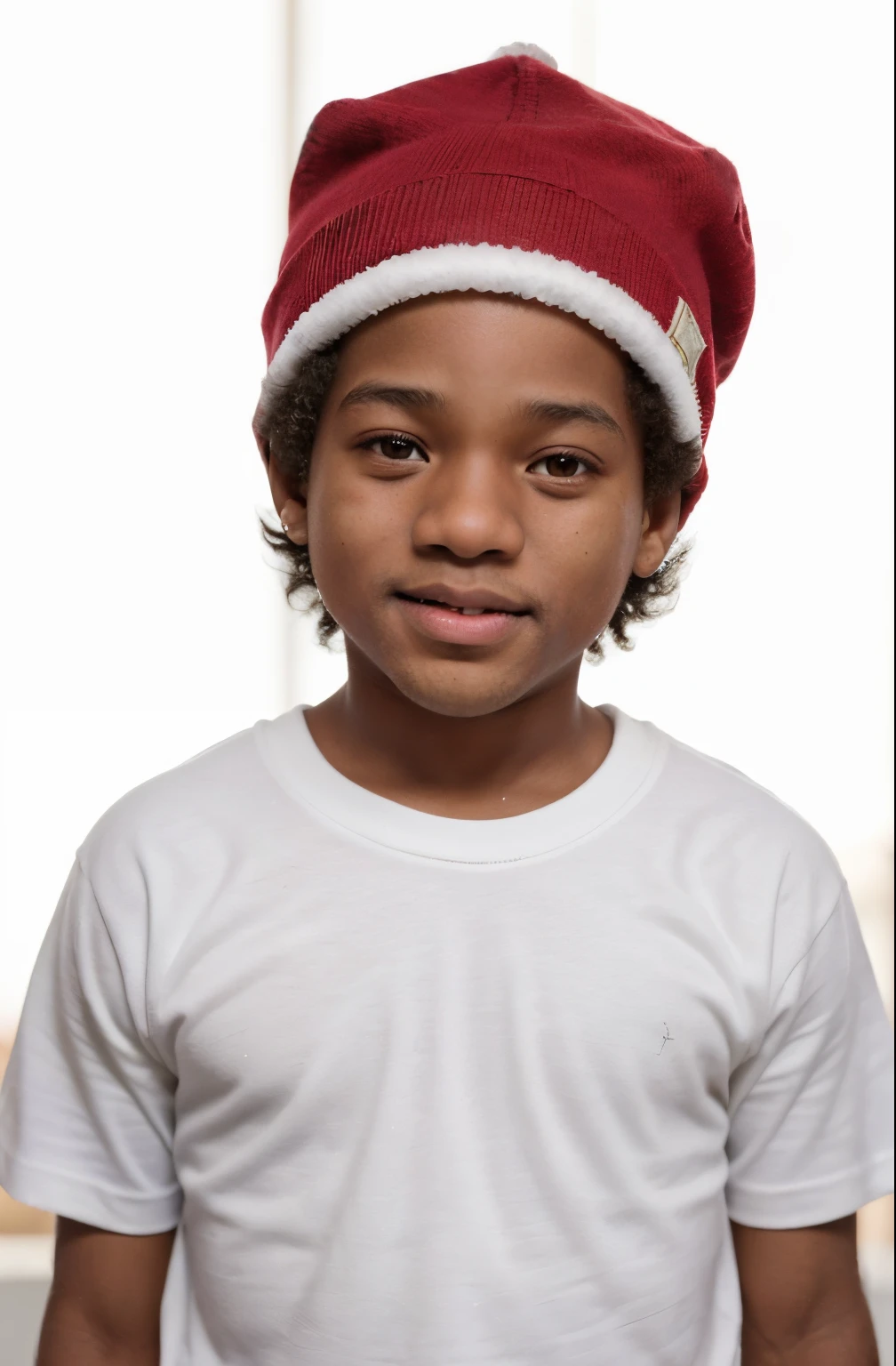 Menino 11 anos, child boy, 11 anos de idade, tema de natal gorro vermelho, em um estudio todo branco presentes a sua volta, menino da pele preta, menino do cabelo crespo, menino pele escura, menino usa uma tshirt branca sem nenhum desenho ou escrita, menino usa um gorro vermelho de papai noel, will smith&#39;s son child.