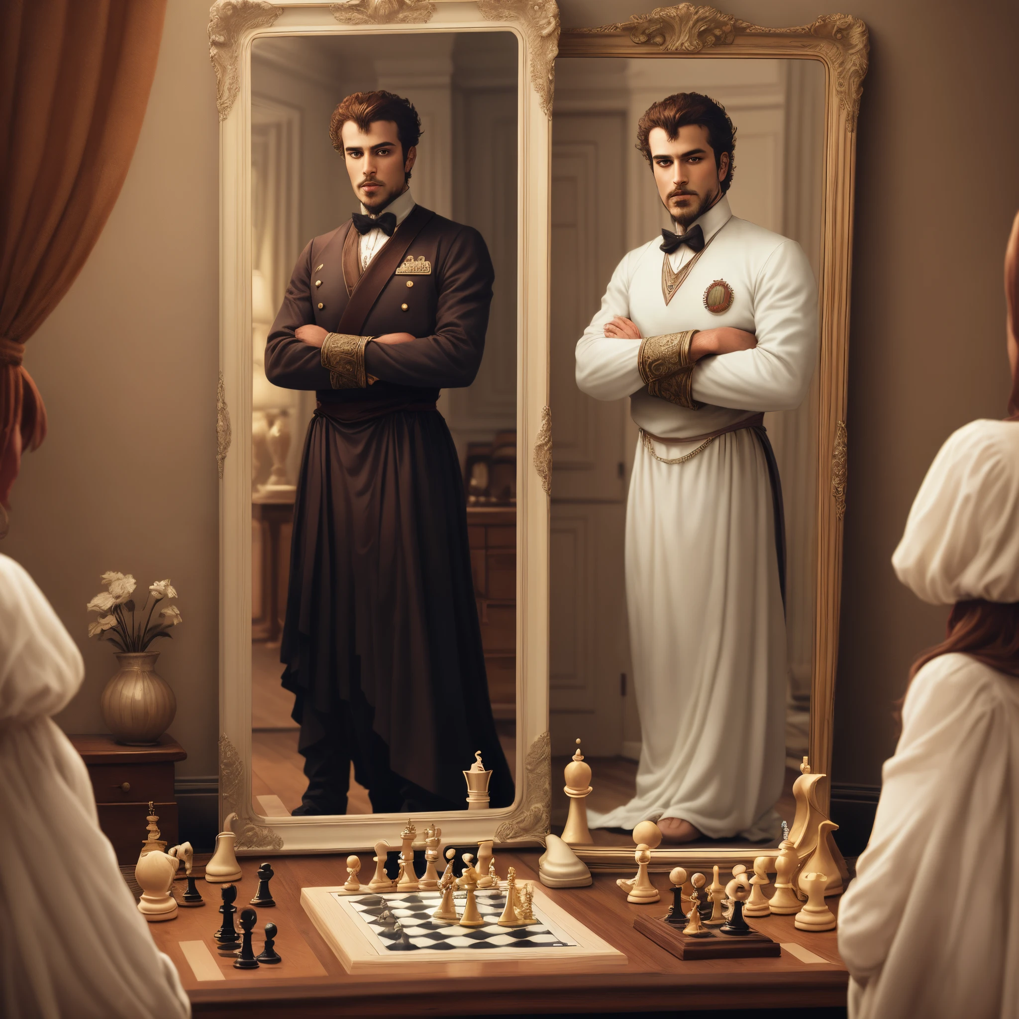 Chess  who looks in a mirror and sees himself as a chess king.