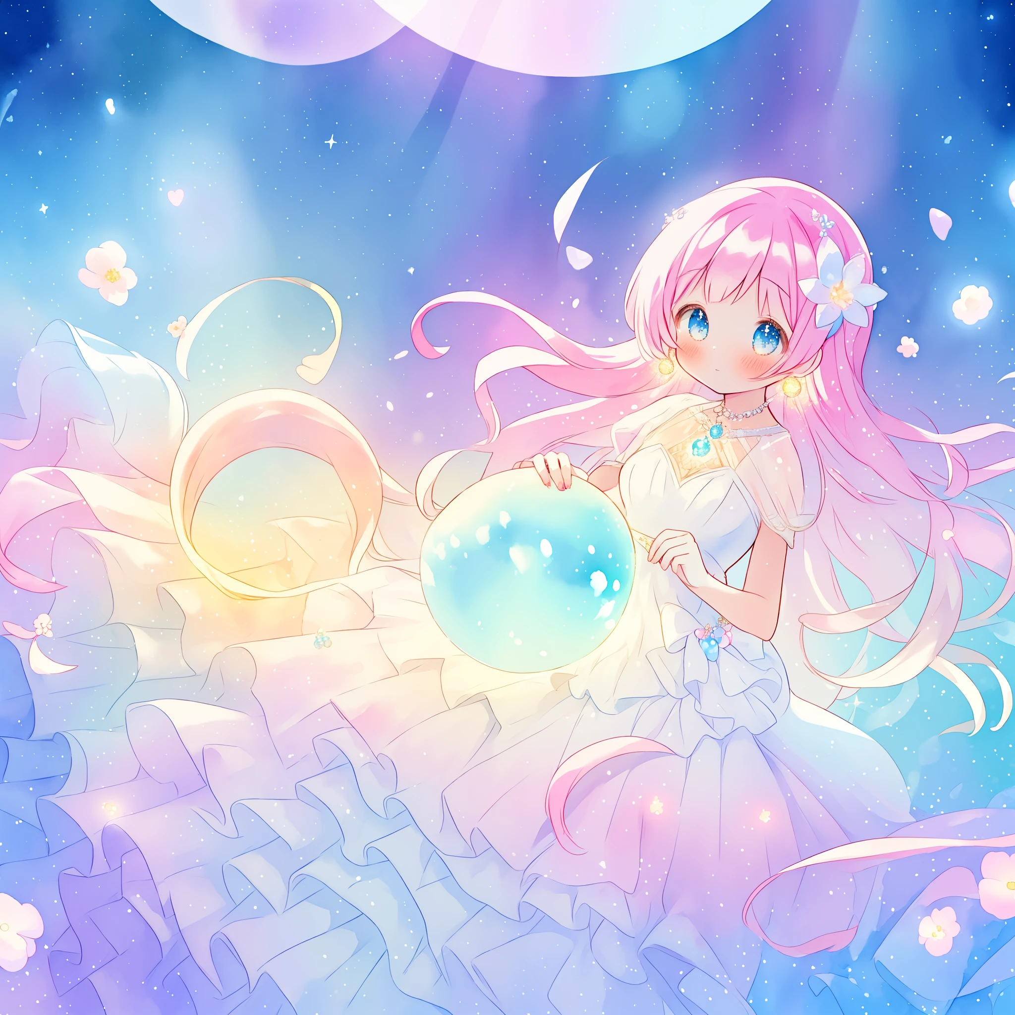 beautiful girl in sparkling white dress holding a magical sphere, ((sparkling puffy layered ballgown)), (magical, whimsical), (glowing magical orb), long flowing colorful hair, colorful fantasia background, watercolor illustration, disney art style, glowing aura around her, glowing lights, beautiful digital illustration, fantasia otherworldly landscape plants flowers, beautiful, masterpiece, best quality, anime disney style
