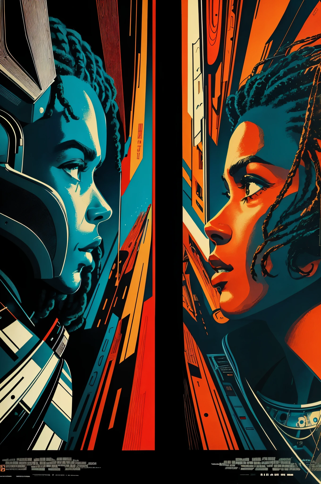 (Masterpiece, Best Quality), 8k Wallpaper, highly detailed, poster, vintage science fiction, 1960s, two black males with dreadlocks back to back split-screen space thriller cinematic movie poster, Bauhaus, shapes, lines, abstract, propaganda, mid century modern, movie poster, vintage,