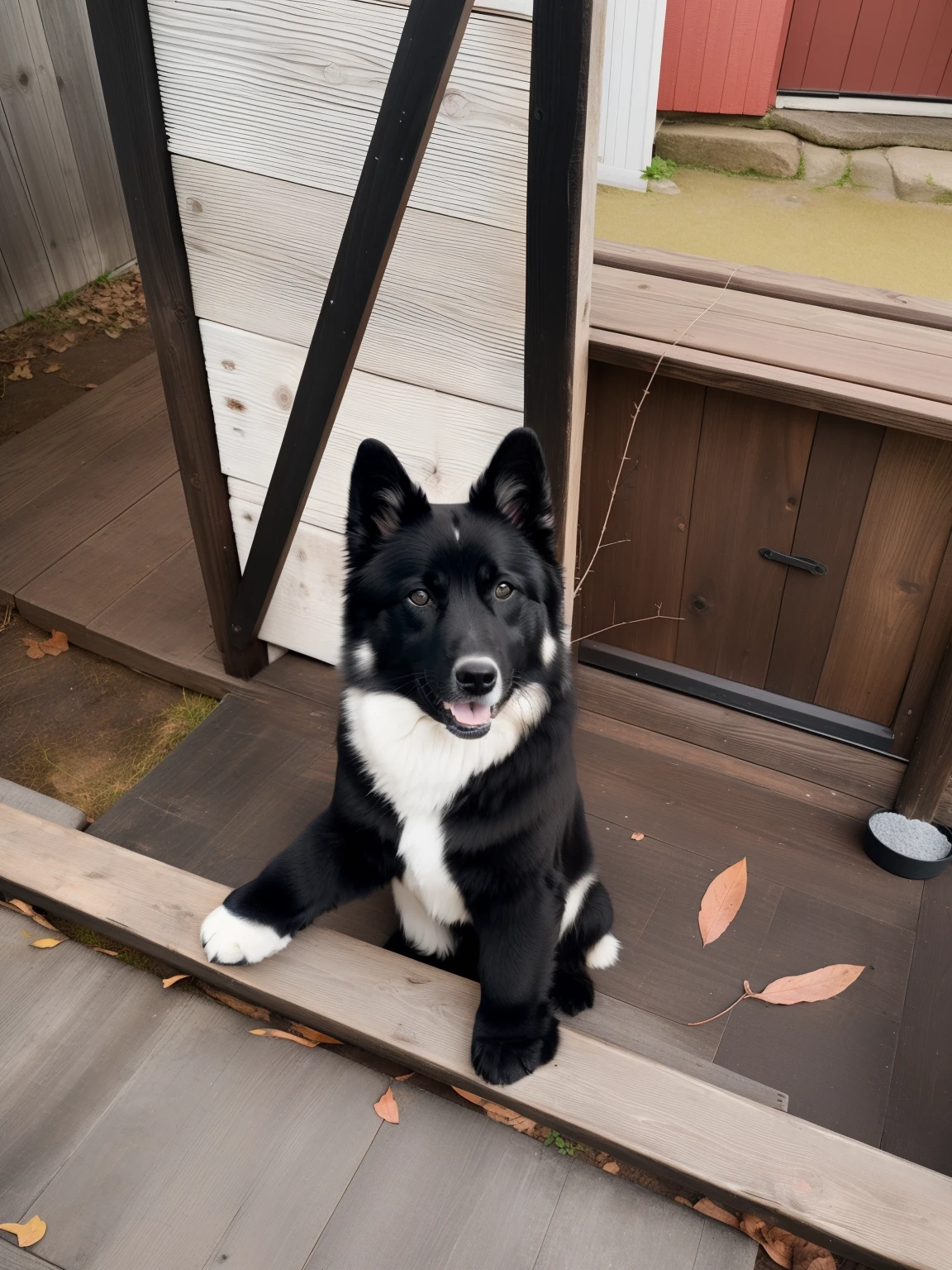 black and white dog sitting on a wooden ledge, Happy Finnish Lapphund Dog, The dog is black, with white fur on the chest, pretty, is beautiful, Bright colors, 真实感, cinematic light