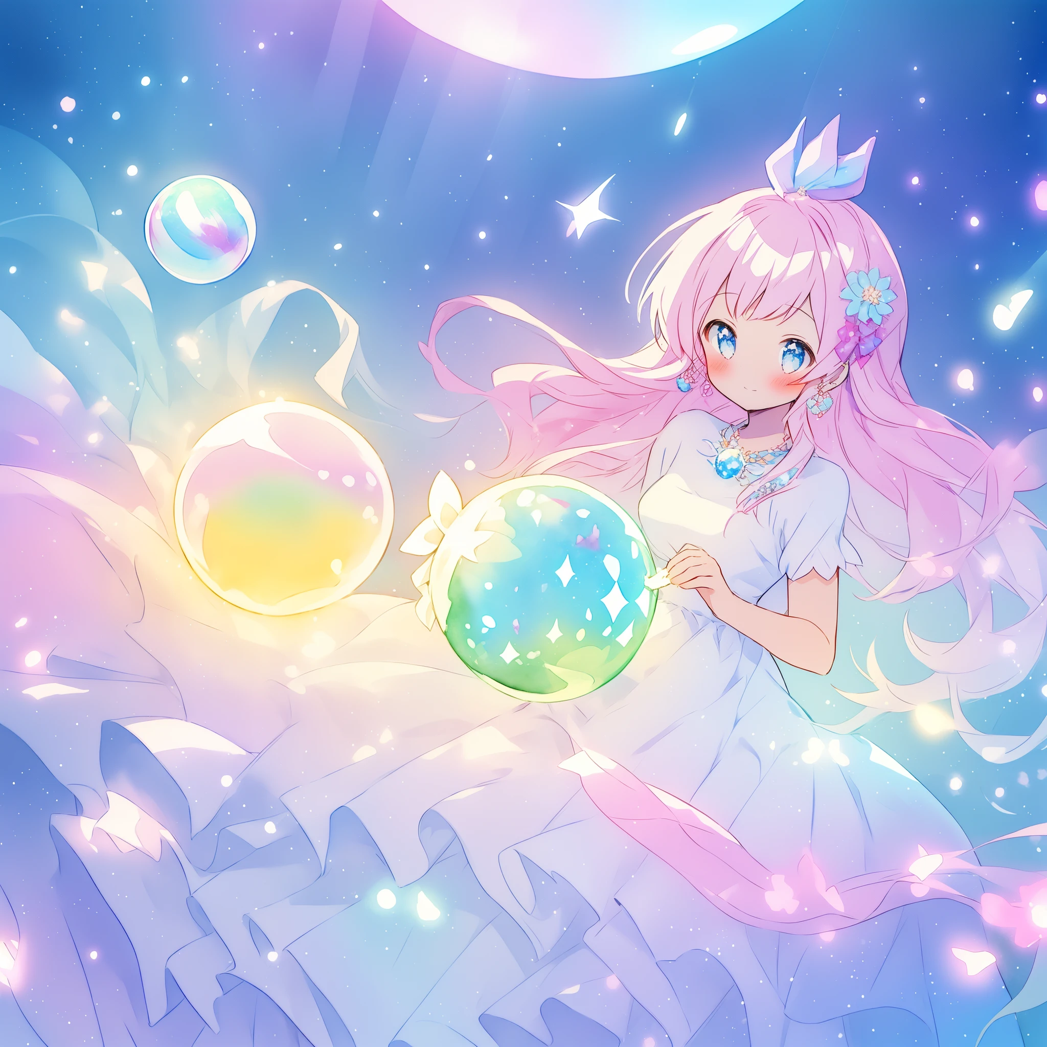 beautiful girl in sparkling white dress holding a magical sphere, ((sparkling puffy layered ballgown)), (magical, whimsical), (glowing magical orb), long flowing colorful hair, colorful fantasia background, watercolor illustration, disney art style, glowing aura around her, glowing lights, beautiful digital illustration, fantasia otherworldly landscape plants flowers, beautiful, masterpiece, best quality, anime disney style