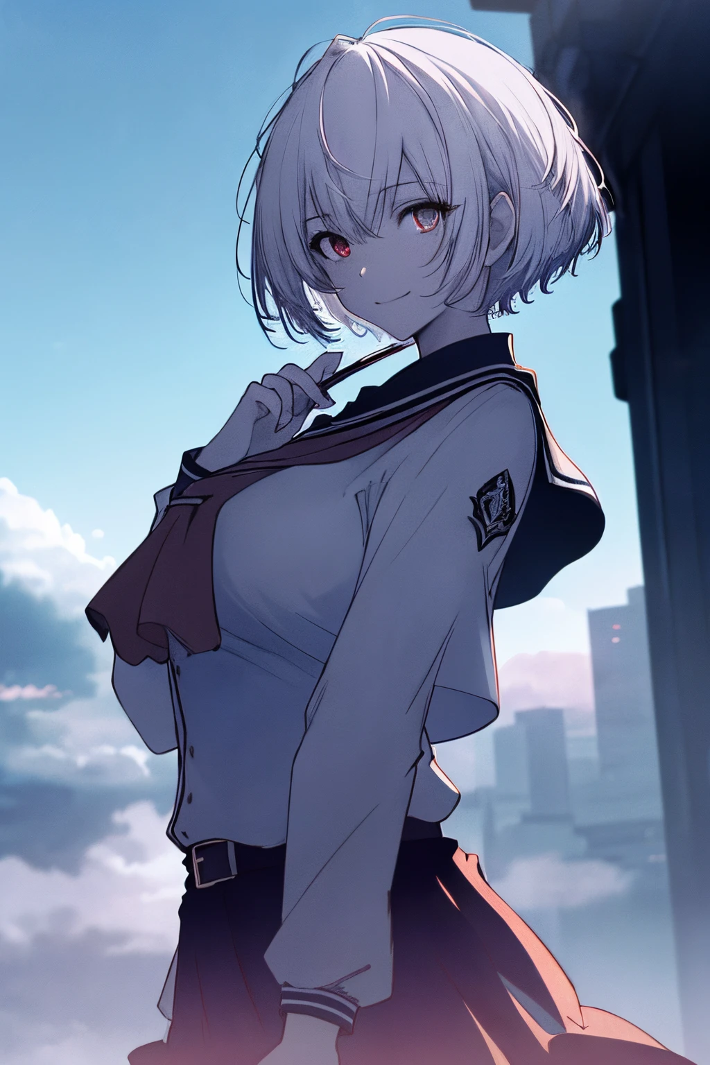 (Super Sexy Pose:1.2), 1 girl in, Full body, White one-piece high school uniform, (masutepiece:1.2, Best Quality), (finely detailed beautiful eye: 1.2), (beautifull detailed face), High contrast, (Best Illumination, extremely delicate and beautiful), ((Cinematic Light)), Dramatic light, Intricate details, red eyes, breasts of average size, Belt under boobs, White school uniform, White skirt, White hair, Black tie, short cut hair, Look at me and smile,sky