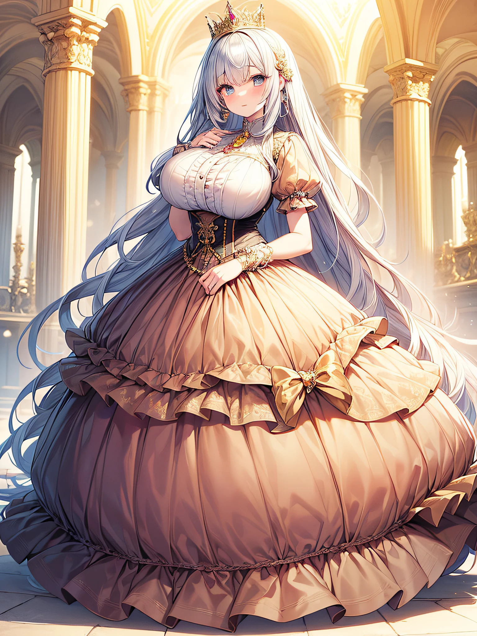 anime artstyle,Masterpiece,(Best Quality), (Super Detail),(Very Delicate and Beautiful),(Solo),((full body portrait)),full body,full body portrait,(detailed face and eyes),jewel-like beautiful eyes,(absolutely gorgeous and cute ruffled rococo ballgown decorated with jewels),((1 princess in a beautiful embroidery and jeweled absolutely gorgeous rococo ballgown with voluminous full length hoop skirt)),((Crinoline)),super detailed absolutely gorgeous rococo ballgown with frilled voluminous full length hoop skirt,((large amount of straight hair,extremely voluminous Very Long straight Hair,Absolutely Long Straight Hair)),((gigantic boobs)),cleavage,(fantasy castle,outdoors,outside the castle),long_gloves,extremely gorgeousfull jeweled hair ornament,bling-bling extremely gorgeousfull jeweled tiara,((luxurious jewelry)),full body portrait