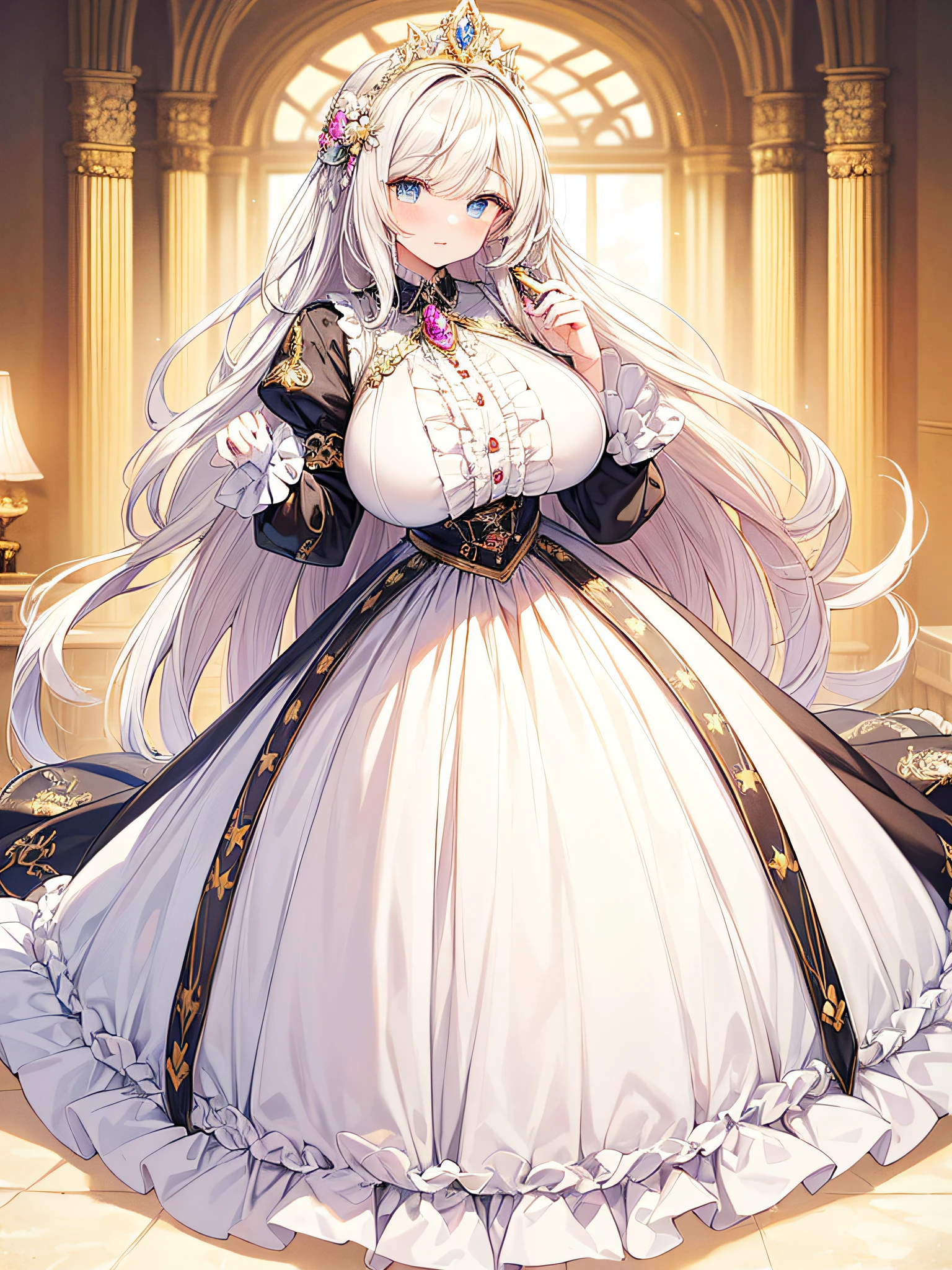 anime artstyle,Masterpiece,(Best Quality), (Super Detail),(Very Delicate and Beautiful),(Solo),((full body portrait)),full body,full body portrait,(detailed face and eyes),jewel-like beautiful eyes,(absolutely gorgeous and cute ruffled rococo ballgown decorated with jewels),((1 princess in a beautiful embroidery and jeweled absolutely gorgeous rococo ballgown with voluminous full length hoop skirt)),((Crinoline)),super detailed absolutely gorgeous rococo ballgown with frilled voluminous full length hoop skirt,((large amount of straight hair,extremely voluminous Very Long straight Hair,Absolutely Long Straight Hair)),((gigantic boobs)),cleavage,(fantasy castle,outdoors,outside the castle),long_gloves,extremely gorgeousfull jeweled hair ornament,bling-bling extremely gorgeousfull jeweled tiara,((luxurious jewelry)),full body portrait