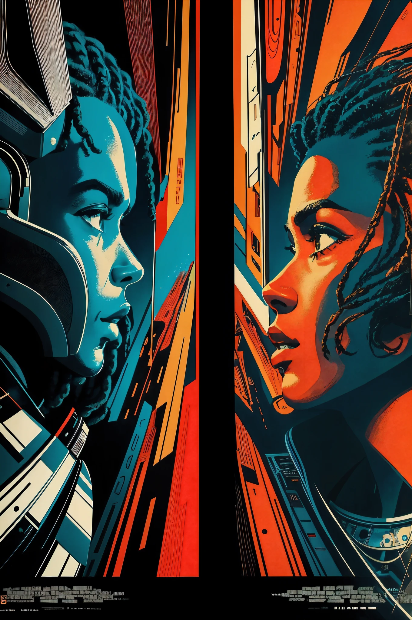 (Masterpiece, Best Quality), 8k Wallpaper, highly detailed, poster, vintage science fiction, 1960s, two black males with dreadlocks back to back split-screen space thriller cinematic movie poster, Bauhaus, shapes, lines, abstract, propaganda, mid century modern, movie poster, vintage,