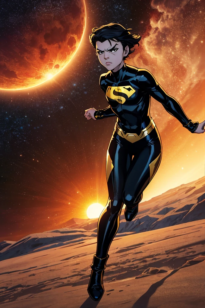 14yo child girl, pale skin, metallic black and gold long sleeve bodysuit, black short hair, little body, close mouth, angry face, black eye, sun on left hand, full body, galaxy scenary, high quality, perfect details, day, superhero style