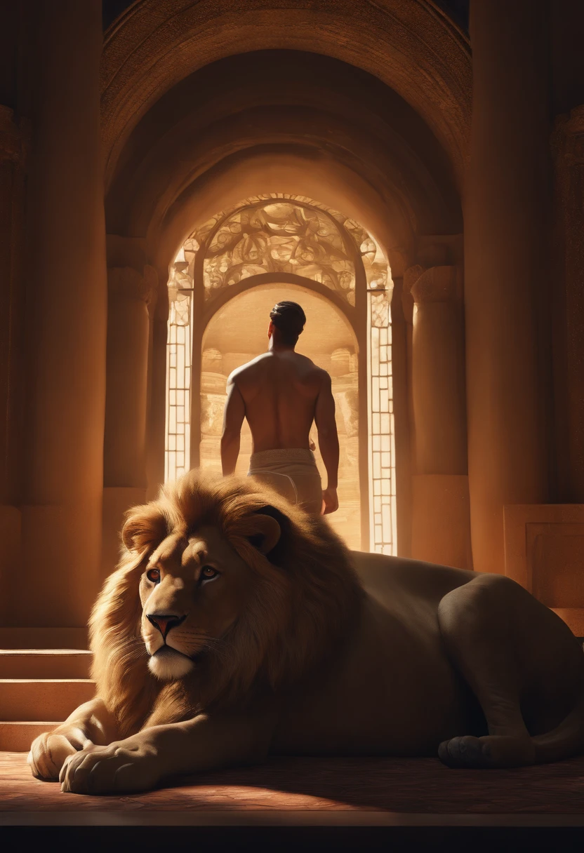 (Professional 3D rendering:1.3) por (Realistic:1.3) Foto de arte mais bonita do mundo. Features Daniel in the lion's den, According to the Bible, liso e brilhante, ((Epic hero fantasy muscle man hero confident wet look, cabelo longo, short beard and expression of peace in a dynamic pose, fantastic location, majestoso ambiente desordenado)), Full-body 8K drive rendering, action shot, skin pores, very dark lighting, sombreamento pesado, circunstanciado, Rosto detalhado, (vibrante, fotorrealista, Realistic, Dramatic, Escuro, foco nítido, 8k), (Roupas velhas estilo judeu danificadas pelo tempo :1.4), ((((Use peles)))), (intrincado:1.4), decadente, (altamente detalhado:1.4), pintura digital, octane rendering, art stations, Conceito-Arte, liso, foco nítido, germe da arte, (Loish:0.23), Wlop Ilya Kuvshinov, e Greg Rutkowski e Alphonse Mucha Gracias, (global ilumination, studiolight, volumetric light), chuva forte, floating particles, patife, fantasia, Onze, corpo inteiroesbian, ( (Dark and old lions den background:1.3)),CGSetnation,art stations