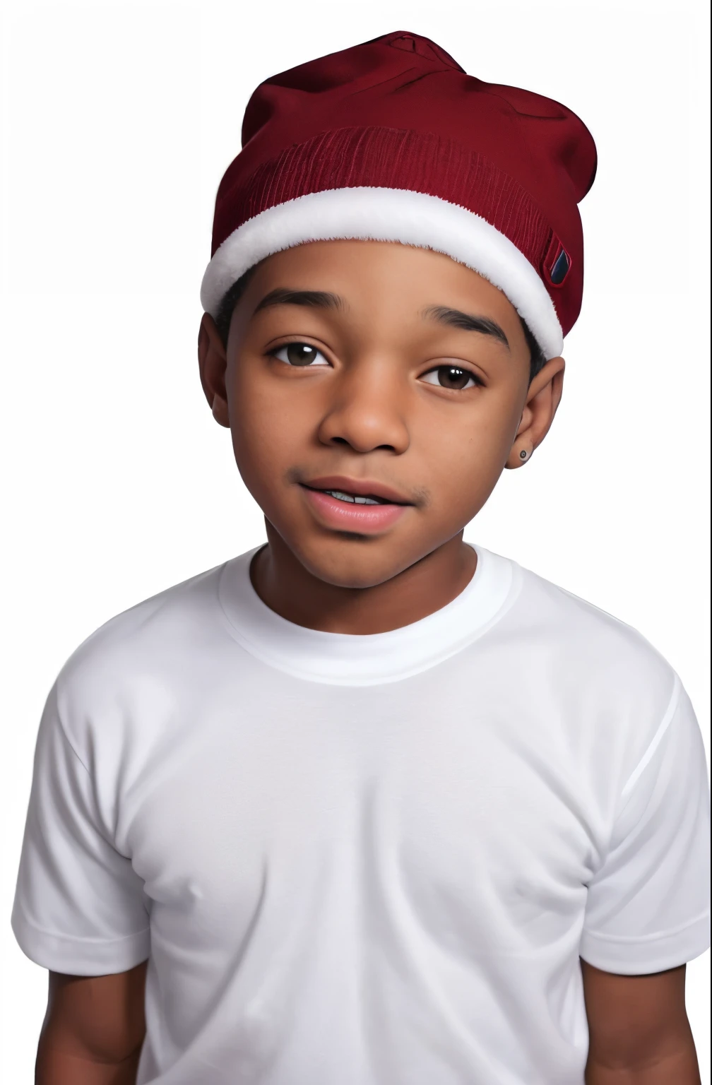 ****** 11 anos, child boy, 11 anos de idade, tema de natal gorro vermelho, em um estudio todo branco presentes a sua volta, ****** da pele preta, ****** do cabelo crespo, ****** pele escura, ****** usa uma tshirt branca sem nenhum desenho ou escrita, ****** usa um gorro vermelho de papai noel, will smith&#39;s son child.