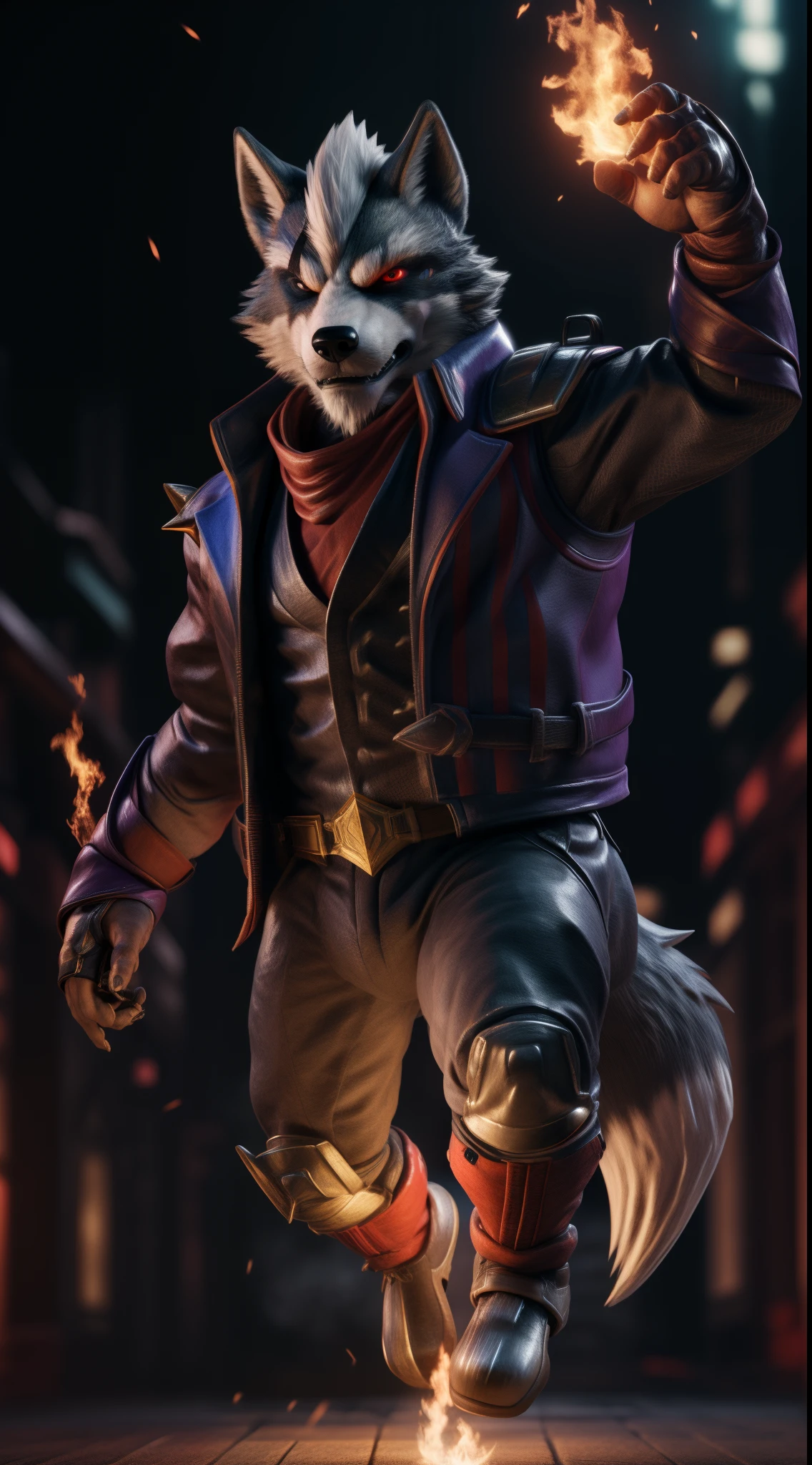 (best quality,8k,highres,masterpiece:1.2),ultra-detailed,(photorealistic:1.37),(the ultimate Orochi Wolf O'donnell) bright red eyes fire background style the king of fighters serious expression on his face wearing the same outfit as iori yagami looking at the viewer floating.