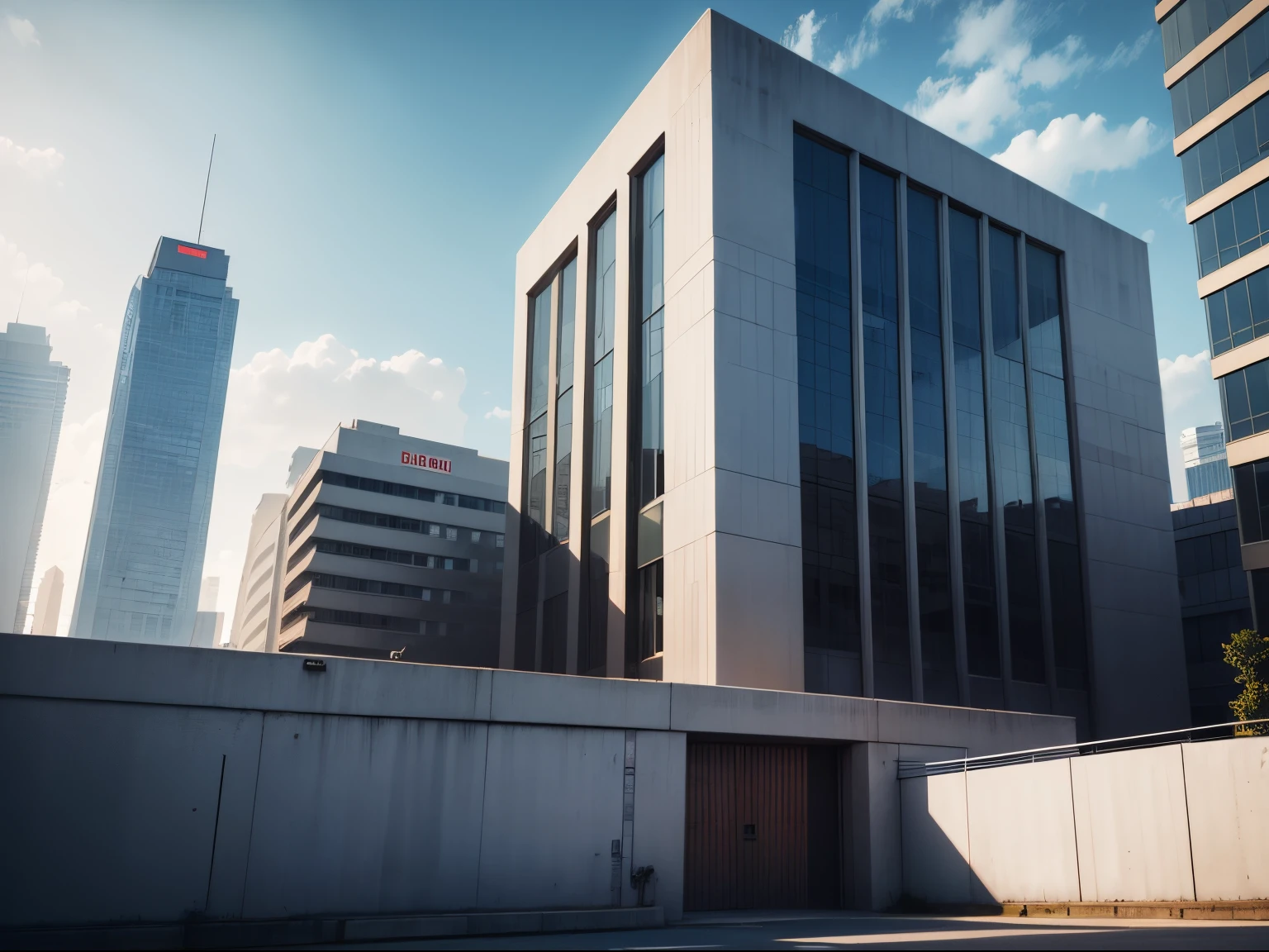 modern office building, well protected by a thick concrete fence. Office fortress. CCTV cameras and machine gun turrets