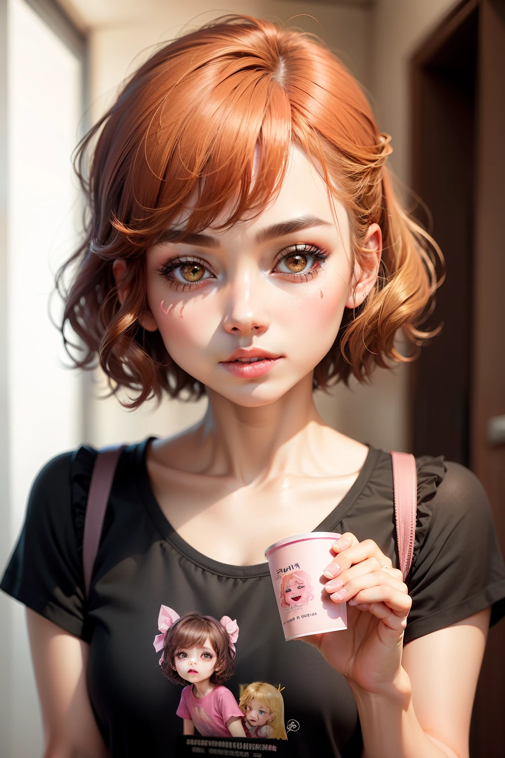 letter, 3D Face Pattern, Sweet and delicate girl, With short dyed hair ,Golden Girl,black makeup,long lashes,Pink T-shirt