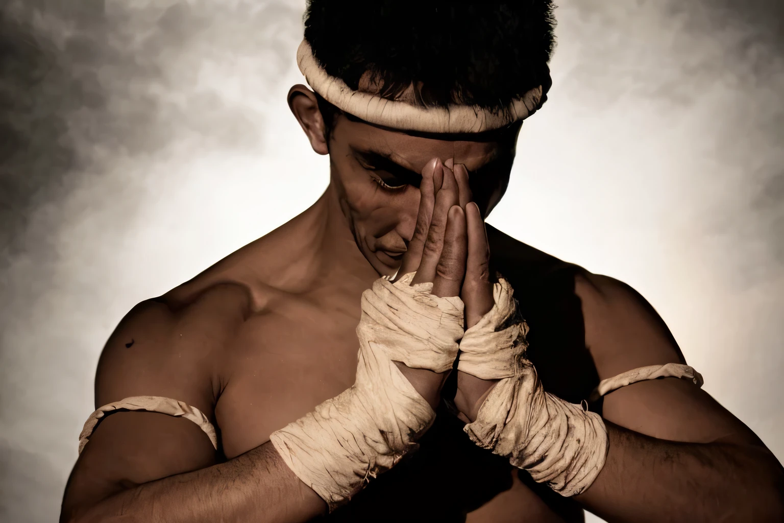 This image shows a Thai man standing in a boxing ring with his hands clasped together in prayer, with a rope wrapped around his hands.