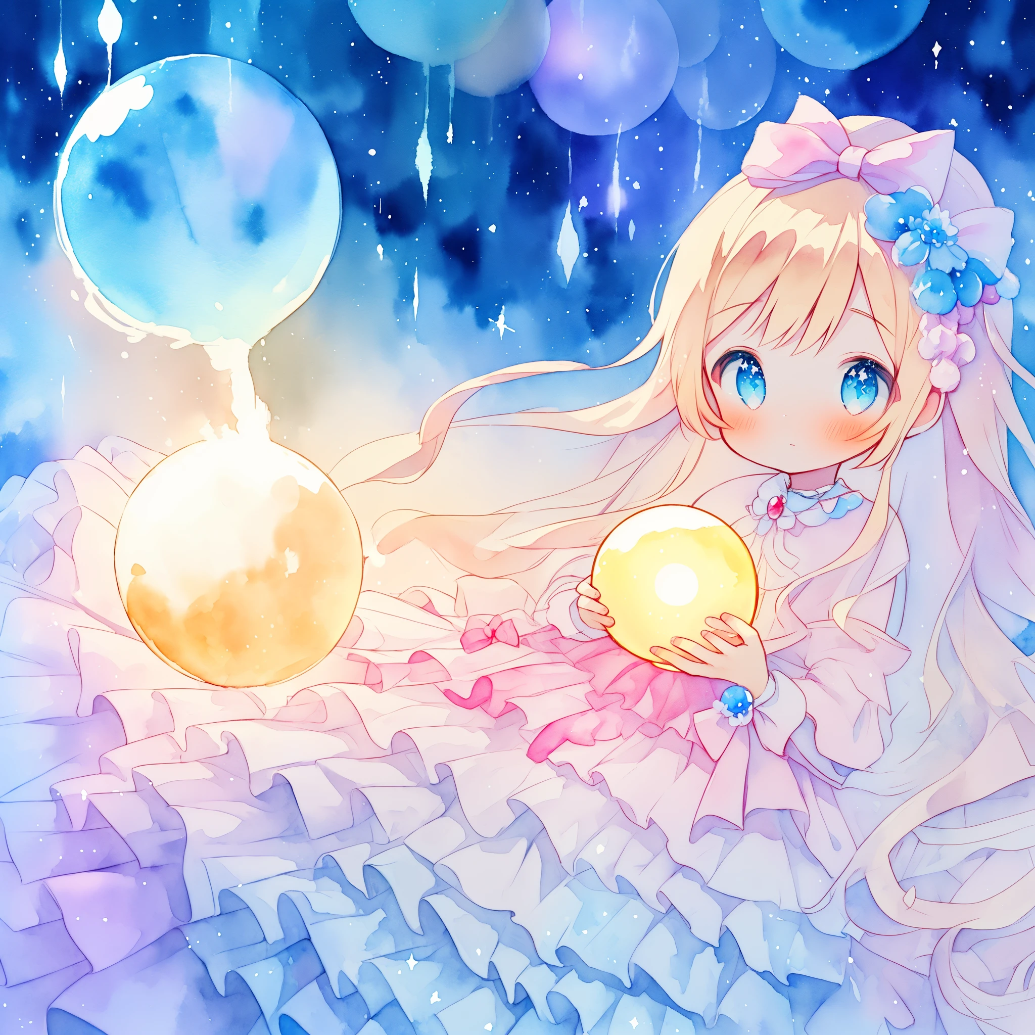 beautiful girl in sparkling white dress holding a magical sphere, ((sparkling puffy layered ballgown)), (magical, whimsical), (glowing magical orb), long flowing colorful hair, colorful fantasia background, watercolor illustration, disney art style, glowing aura around her, glowing lights, beautiful digital illustration, fantasia otherworldly landscape plants flowers, beautiful, masterpiece, best quality, anime disney style