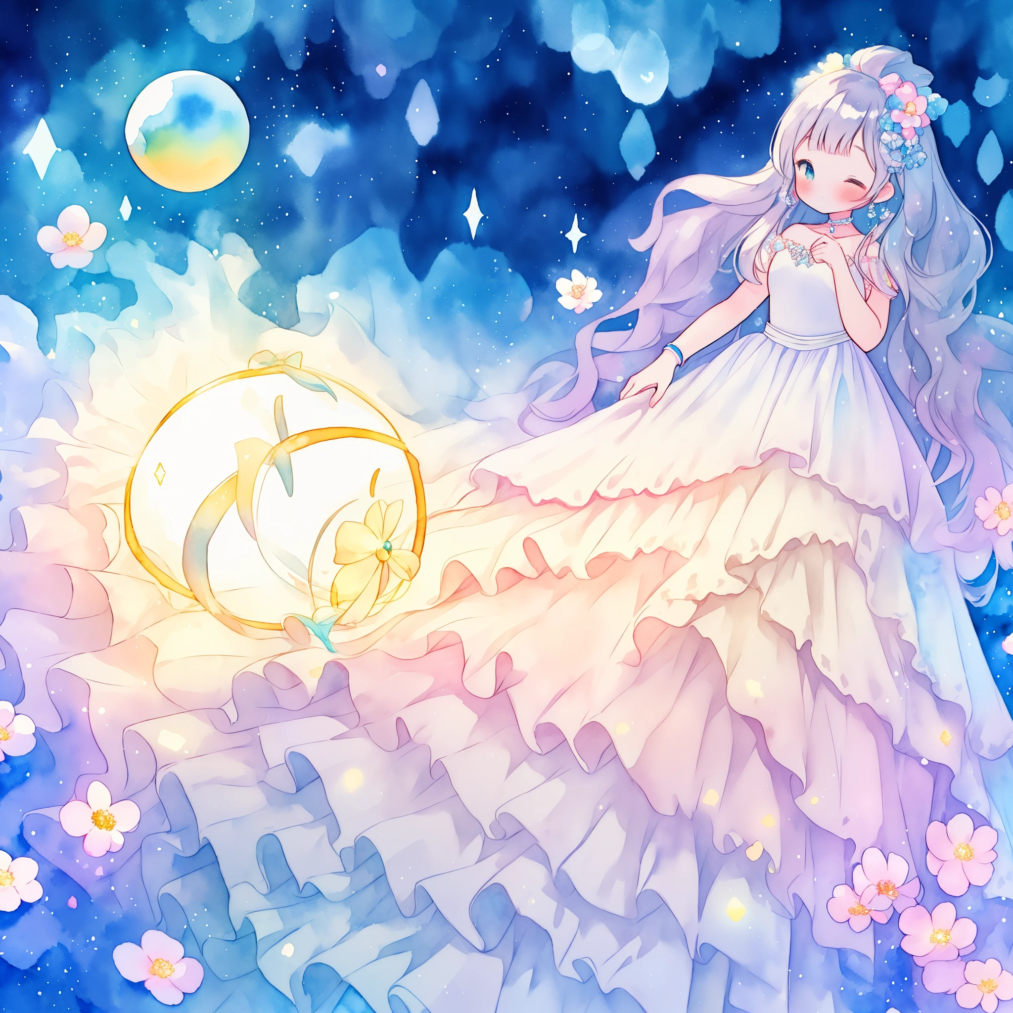 beautiful girl in sparkling white dress holding a magical sphere, ((sparkling puffy layered ballgown)), (magical, whimsical), (glowing magical orb), long flowing colorful hair, colorful fantasia background, watercolor illustration, disney art style, glowing aura around her, glowing lights, beautiful digital illustration, fantasia otherworldly landscape plants flowers, beautiful, masterpiece, best quality, anime disney style