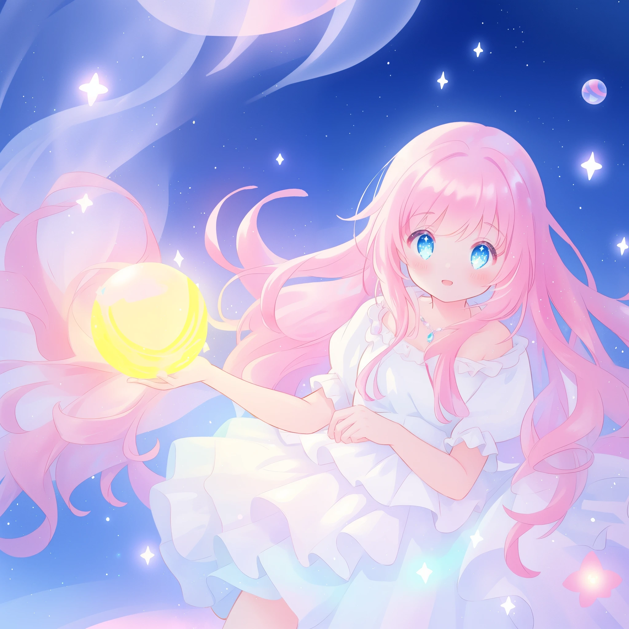 beautiful girl in sparkling white dress holding a magical sphere, ((sparkling puffy layered ballgown)), (magical, whimsical), (glowing magical orb), long flowing colorful hair, colorful fantasia background, watercolor illustration, disney art style, glowing aura around her, glowing lights, beautiful digital illustration, fantasia otherworldly landscape plants flowers, beautiful, masterpiece, best quality, anime disney style