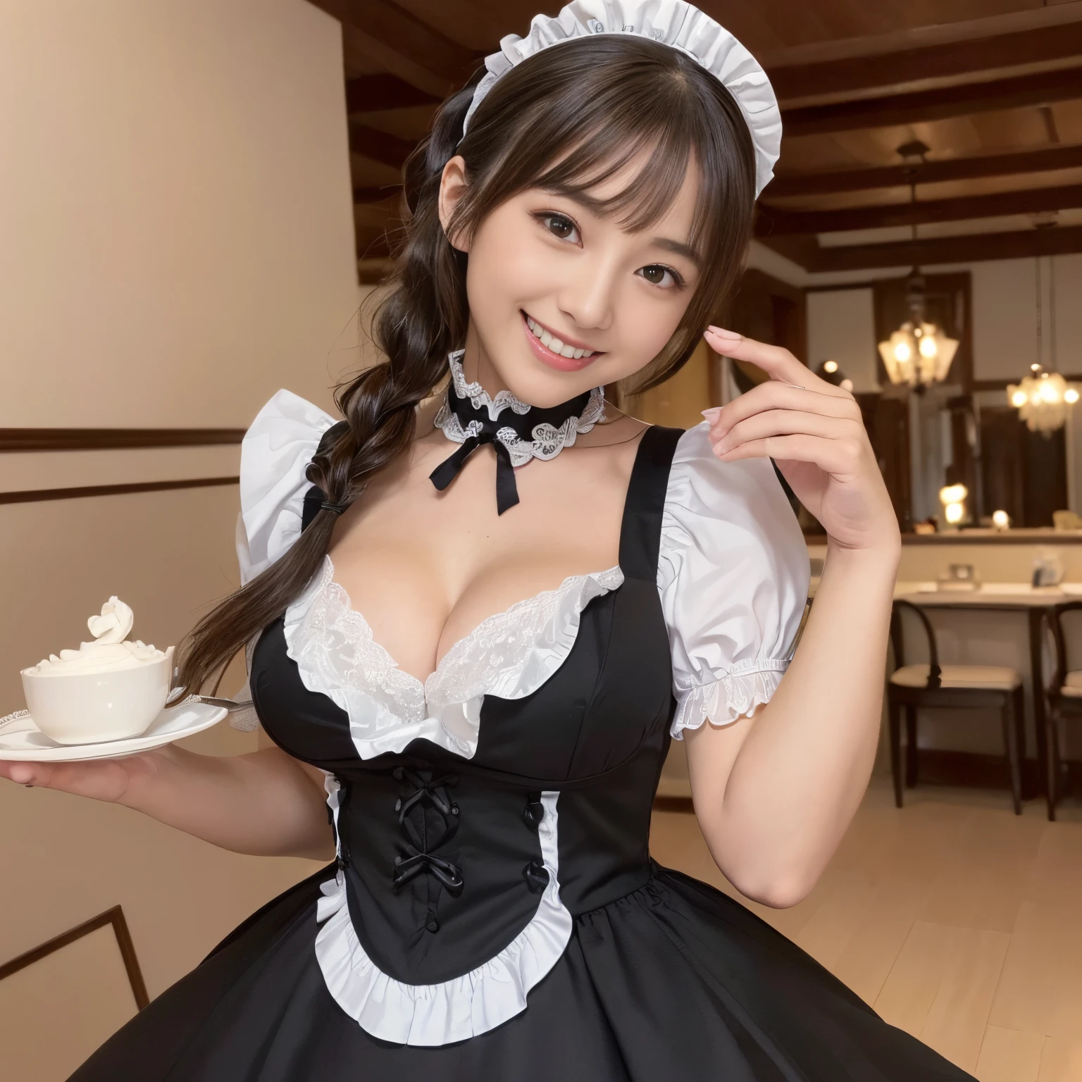 (((Best Quality, masutepiece, 超A high resolution、The most complex and detailed depictions、awardwinning, 8K)))、(1 Beautiful Maid、Half Japan and half Spanish in one、A detailed face、Perfect fingers、Graceful standing、i&#39;M from the maid cafe、Maid Cafe)、(Gorgeous Victorian Maid Dresses、Black and white maid outfit with luxurious long skirt、Huge black and white maid dress、Black and white maid dresses、Black and white maid dresses、with frills、Big apron and black and white maid outfit)、((It is a perfect maid cafe with a detailed background..、Maid Cafe、A cafe with a stylish and calm atmosphere、detailed maid cafe background、Complete reproduction of the fine details of the maid cafe、Very complex and detailed background、Highly complex and detailed textures、Highly detailed hairstyles))、(Emphasize body lines、[large full breasts],stares at the camera、beautiful smiling face、Big smile、White and clean teeth、Looking at the camera)