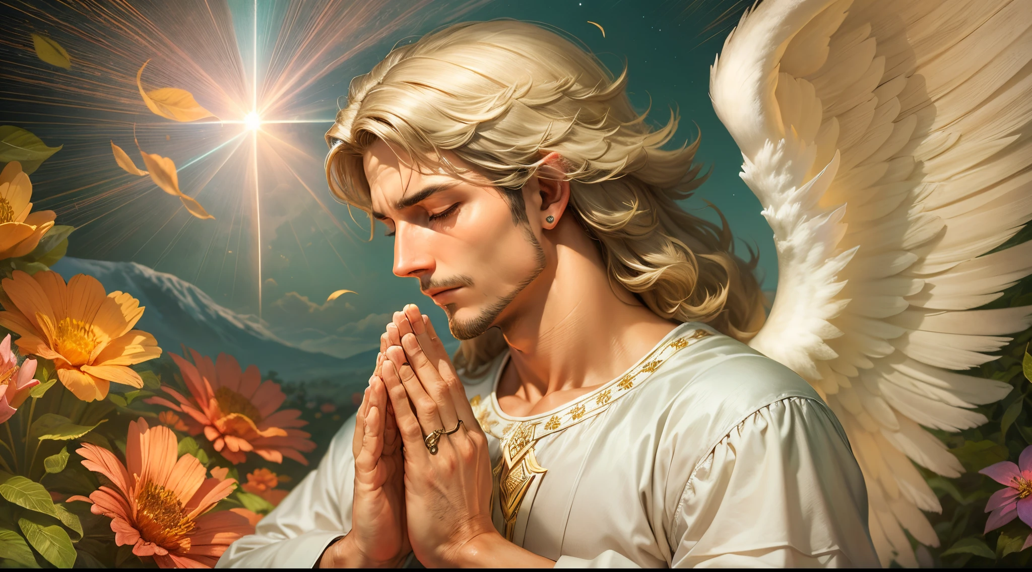Closeup of an image of a man angel praying and blessing, arcanjo homem com asas grandes, o anjo da fortuna, perfeito, Reslistic, Biblical setting, celestial scenery, sol e nuvens ultras realistas, flores e velas, illuminated archangel of heaven, Passes em segundo plano, flores coloridas, velas acesas, roupas brancas e vermelhas