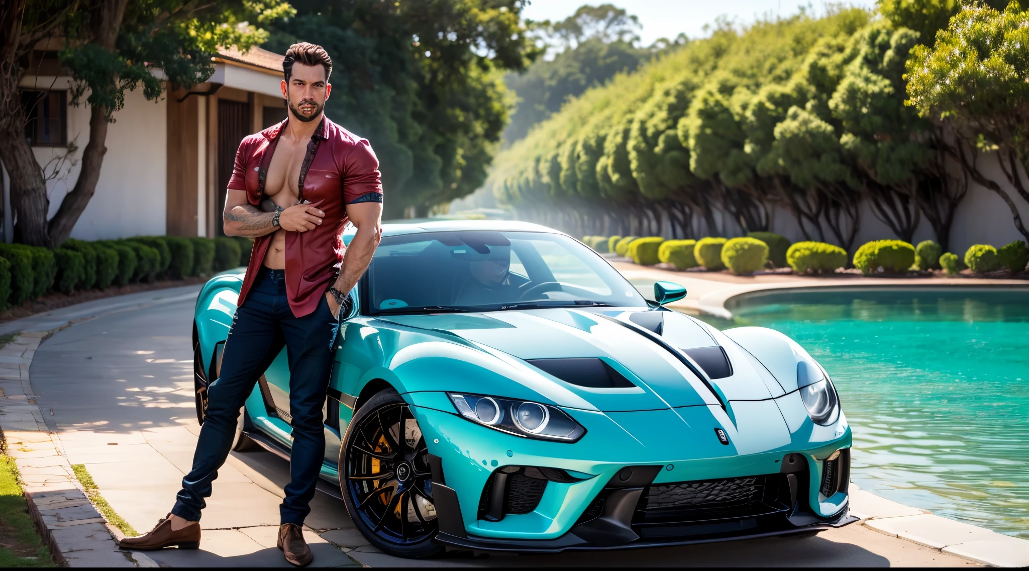A male anime character with an athletic body, cabelo preto, bem vestido com terno de cores de tons escuros, in a beautiful village with verdant fields and blue sky, With a sports car behind him.