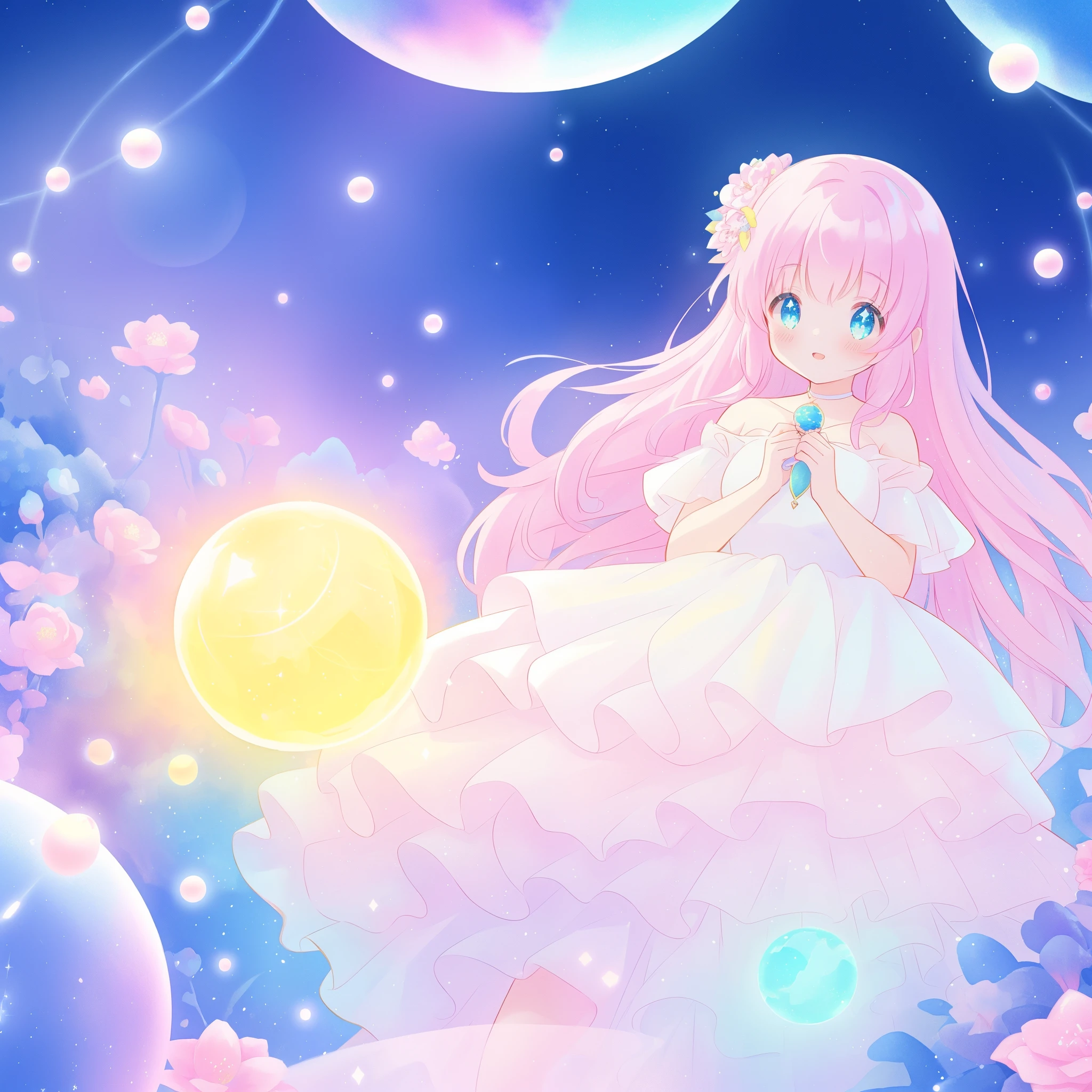 beautiful girl in sparkling white dress holding a magical sphere, ((sparkling puffy layered ballgown)), (magical, whimsical), (glowing magical orb), long flowing colorful hair, colorful fantasia background, watercolor illustration, disney art style, glowing aura around her, glowing lights, beautiful digital illustration, fantasia otherworldly landscape plants flowers, beautiful, masterpiece, best quality, anime disney style