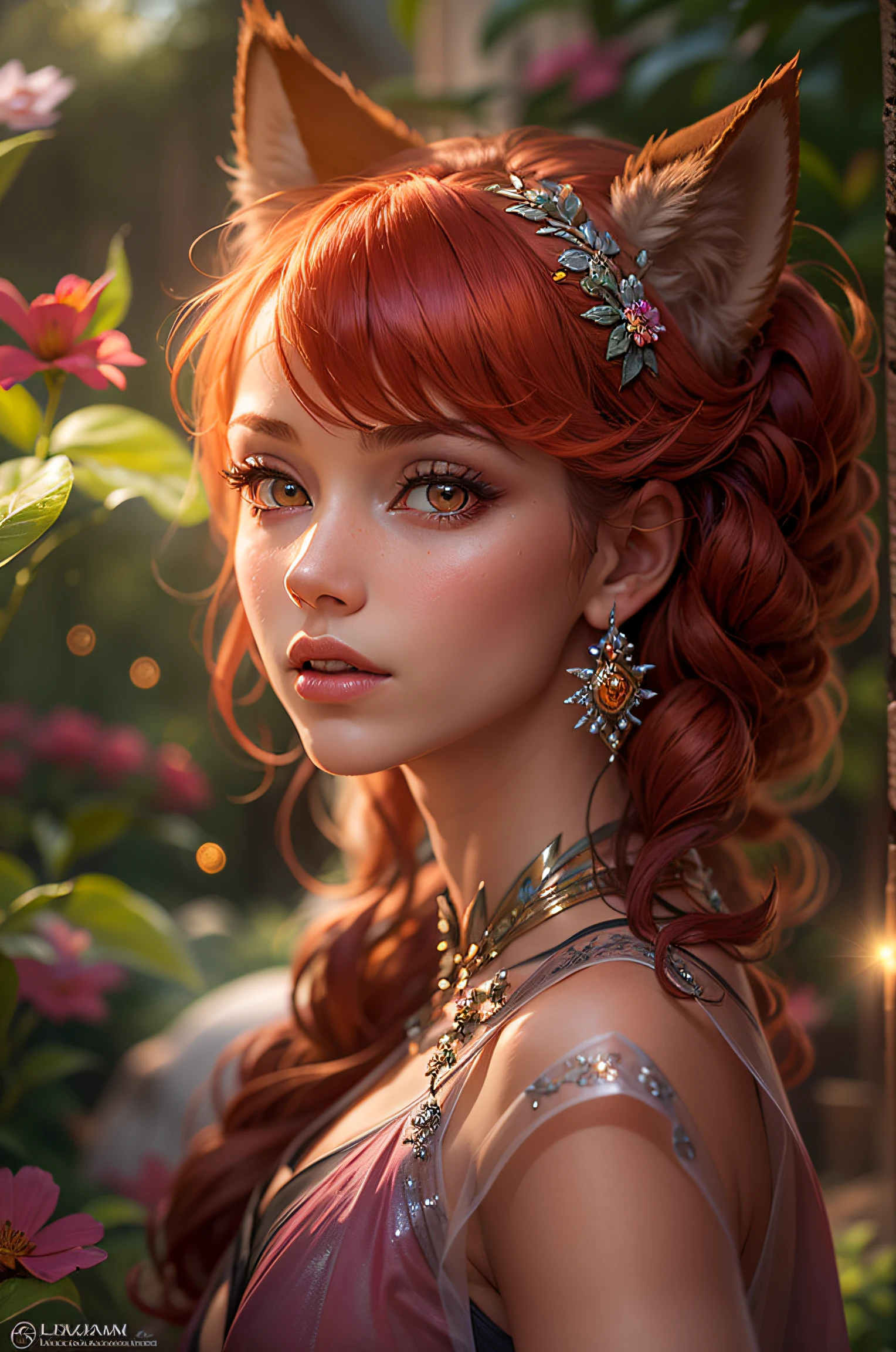 (Best Quality,hight resolution,Ultra-detailed),(Realistic,Photorealistic:1.37),red wolf girl,light skin,pouty lips,long eyelashes, redhead hair, wolf ears,silky transparent clothing,Masterpiece:1.2,in the count's garden,Jewelry,Floral accessories, hyper realisitc, Brave, ultradetail, Masterpiece, rays and glare of the sun, shimmer, glistering, Glitter"