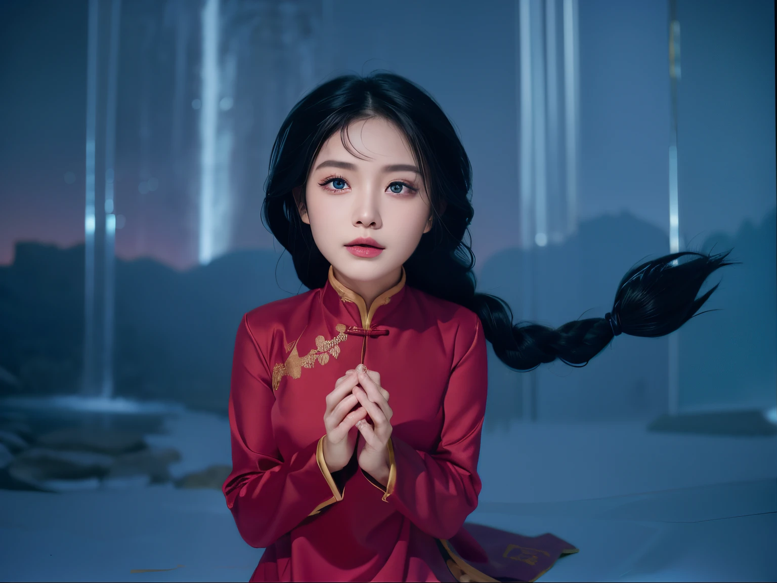 (Ultra Realistic), (Illustration), (Increased Resolution), (8K), (Extremely Detailed), (Best Illustration), (Beautiful and Detailed blue eyes), (Best Quality), (Ultra Detailed), (Masterpiece ), (wallpaper), (detailed face), solo, 1 girl, asian, (about 18 years old)), slightly looking above, fine details, detailed face, ((pretty big blue eyes)), (open lips), smiling, long eyelashes, happy face, long black braided hair, straight voluminous straight hair, wine color Chinese female robe, praying position, ((well done fingers)), waterfall background, 46 points oblique bangs, moonlight