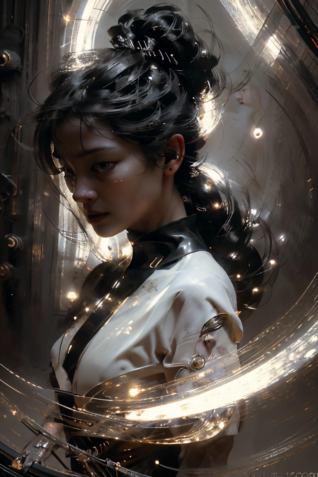 Space, distant stars, fantastic image. Face. Figure. Graceful shapes. Graceful girl.
(High quality), (stylization - animation, realism). Dark cool colors are mixed with warm shades.
Angel girl, photorealistic, cinematic picture, high detail, full black hole, 8K. dynamic expressive image (1 girl; 1.3), Solo, (((Very detailed eyes and face))), Beautiful detailed eyes. masterpiece, best quality, full-length portrait, amazing beauty, dynamic pose, gentle face, and bright eyes. (Front) She wears a sheer, semi-sheer dress that shows off her slender figure. She is an angel who descended into the underworld. She is a savior, a light in a dark kingdom, emitting a soft glow. High detail, other worlds, firelight, detail, high quality, low light, dark environments - the scary cinematic setting is great. Girl with white skin, realistic detailed skin, clear focus, volumetric fog near the floor, 8k, UHD, DSLR, high quality, film grain. photorealism, lomography, fantastic dark art, utopian reality.