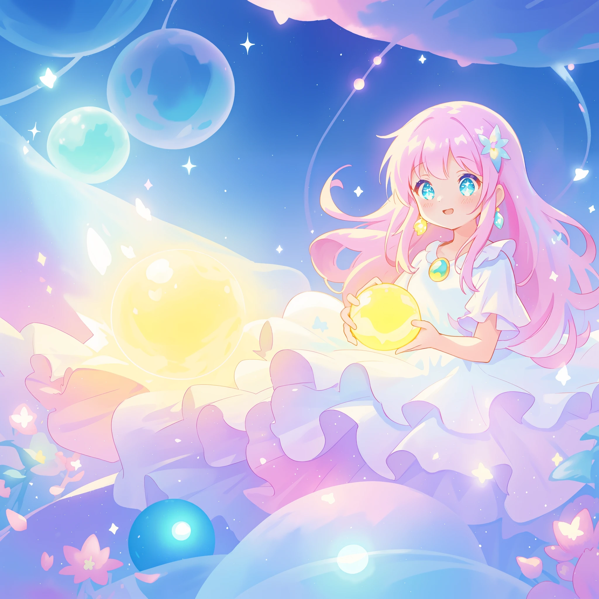 beautiful girl in sparkling white dress holding a magical sphere, ((sparkling puffy layered ballgown)), (magical, whimsical), (glowing magical orb), long flowing colorful hair, colorful fantasia background, watercolor illustration, disney art style, glowing aura around her, glowing lights, beautiful digital illustration, fantasia otherworldly landscape plants flowers, beautiful, masterpiece, best quality, anime disney style