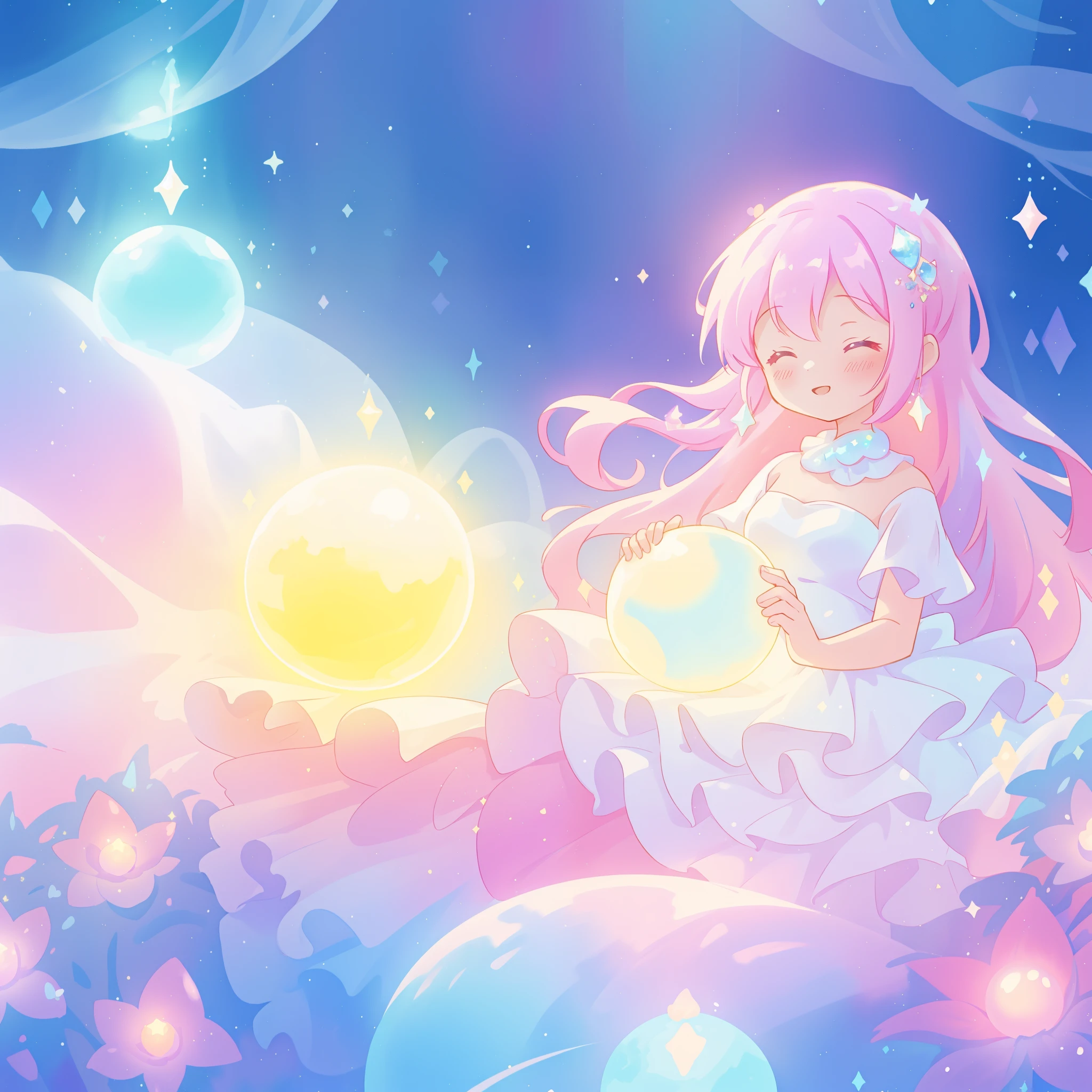beautiful girl in sparkling white dress holding a magical sphere, ((sparkling puffy layered ballgown)), (magical, whimsical), (glowing magical orb), long flowing colorful hair, colorful fantasia background, watercolor illustration, disney art style, glowing aura around her, glowing lights, beautiful digital illustration, fantasia otherworldly landscape plants flowers, beautiful, masterpiece, best quality, anime disney style