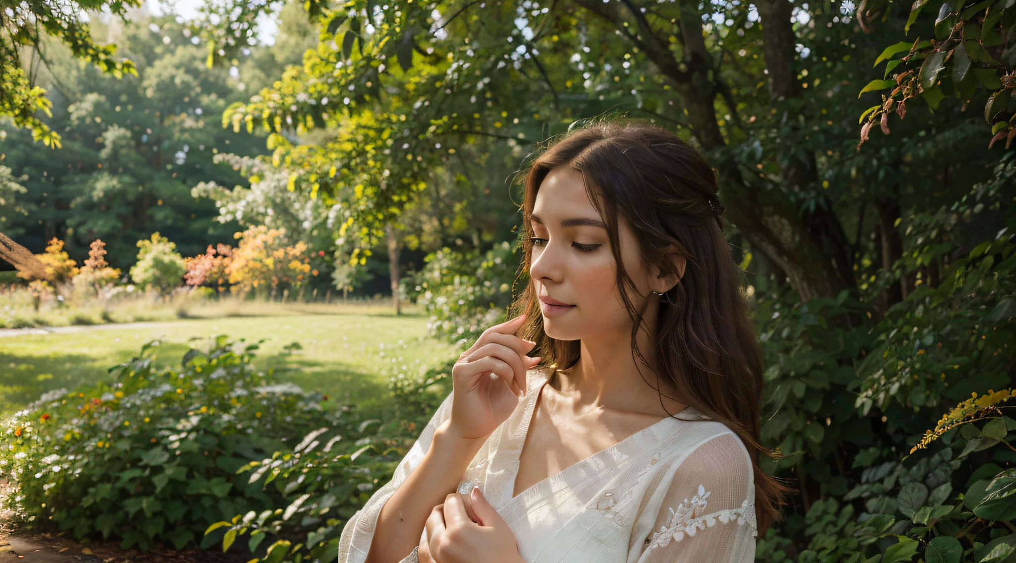 (best quality,4k,8k,highres,masterpiece:1.2),ultra-detailed,(realistic,photorealistic,photo-realistic:1.37),portrait,landscape,beautiful girl in a September morning,soft morning light,crisp air,hint of autumn colors,gentle breeze,hair gently flowing,expressive eyes,melting smile,Renaissance style,subtle color palette,warm tones,sunlight filtering through trees,natural beauty,serene atmosphere,tranquil garden setting,colorful flowers,falling leaves,dew drops on petals,peaceful ambiance,ethereal and dreamy atmosphere,twinkling sunlight,whispers of nature,lush foliage,vivid and detailed depiction,impressive realism,masterful brushstrokes,meticulous attention to detail,highly skilled craftsmanship,inviting and captivating scene,Autumn-inspired atmosphere.