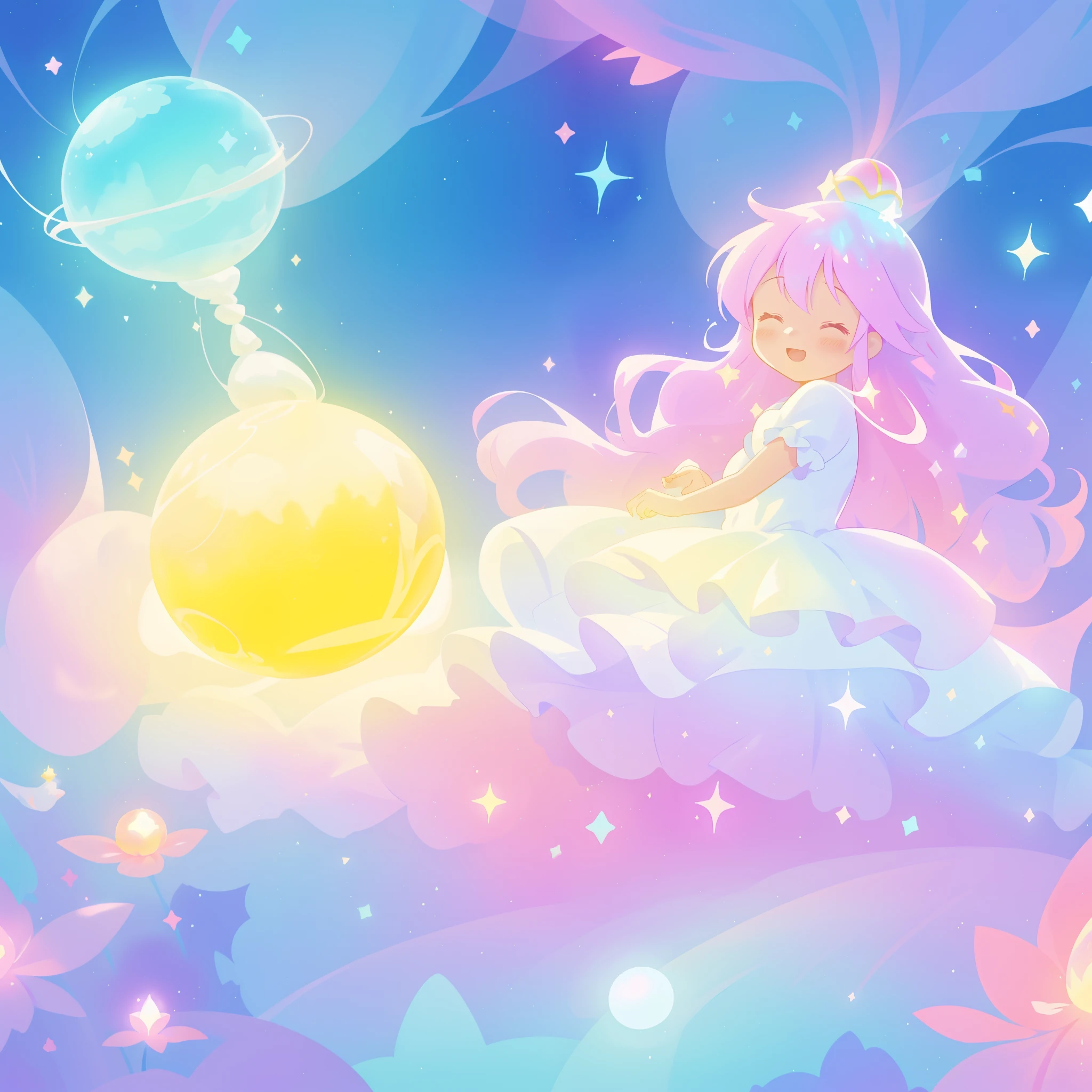 beautiful girl in sparkling white dress holding a magical sphere, ((sparkling puffy layered ballgown)), (magical, whimsical), (glowing magical orb), long flowing colorful hair, colorful fantasia background, watercolor illustration, disney art style, glowing aura around her, glowing lights, beautiful digital illustration, fantasia otherworldly landscape plants flowers, beautiful, masterpiece, best quality, anime disney style