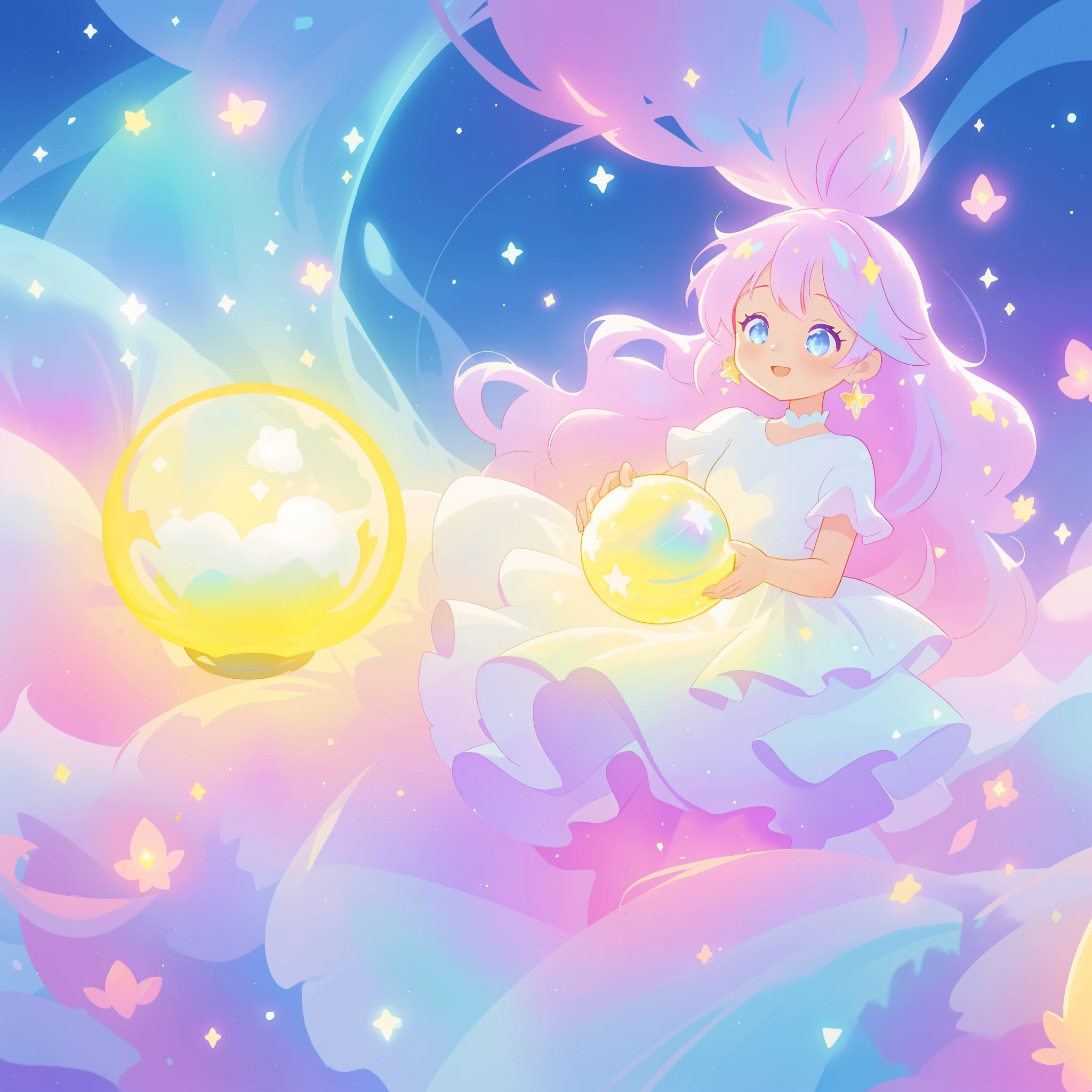 beautiful girl in sparkling white dress holding a magical sphere, ((sparkling puffy layered ballgown)), (magical, whimsical), (glowing magical orb), long flowing colorful hair, colorful fantasia background, watercolor illustration, disney art style, glowing aura around her, glowing lights, beautiful digital illustration, fantasia otherworldly landscape plants flowers, beautiful, masterpiece, best quality, anime disney style