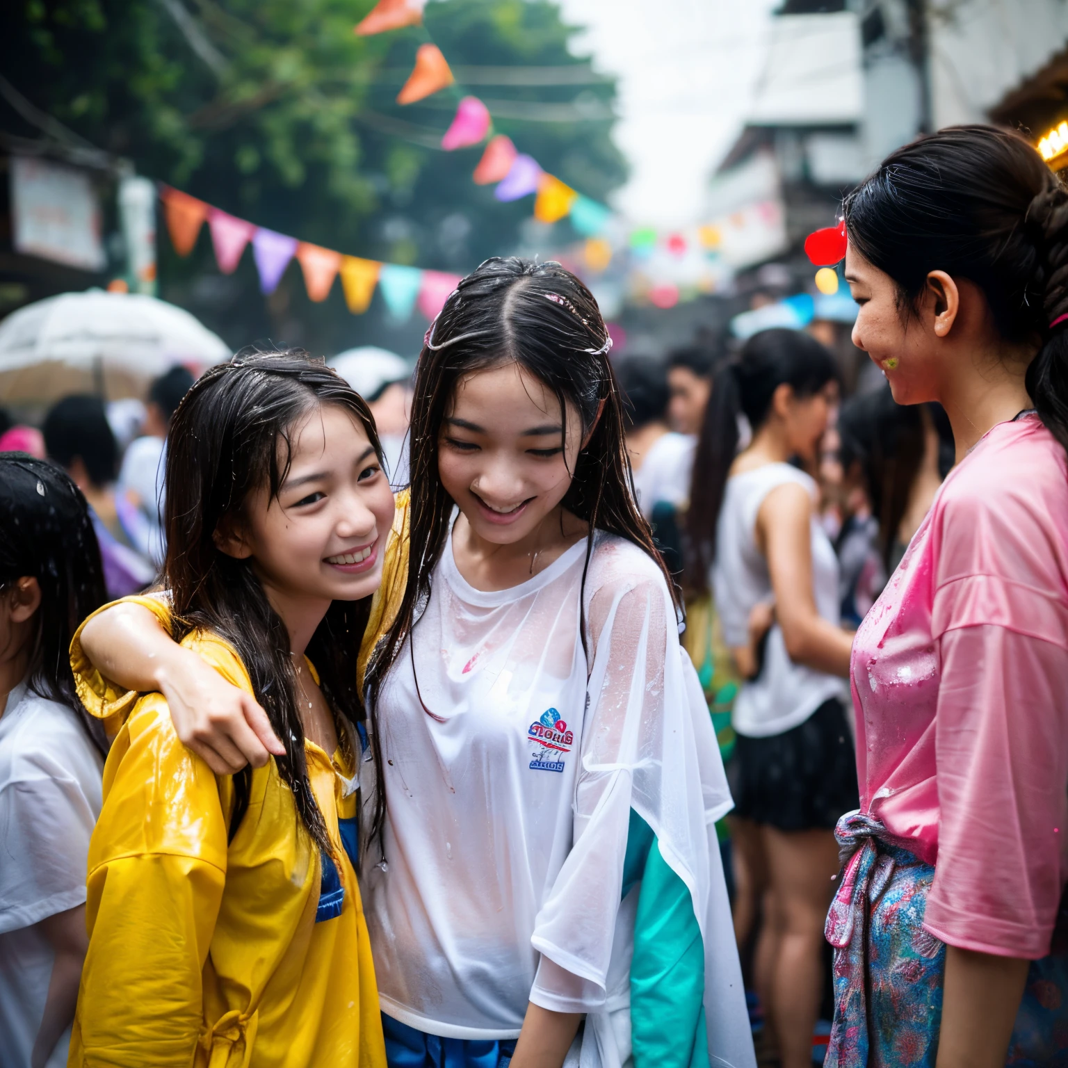 Songkran, wet street party, soaked young girls, drenched, dripping, wet clothes, wet skin, wet hair