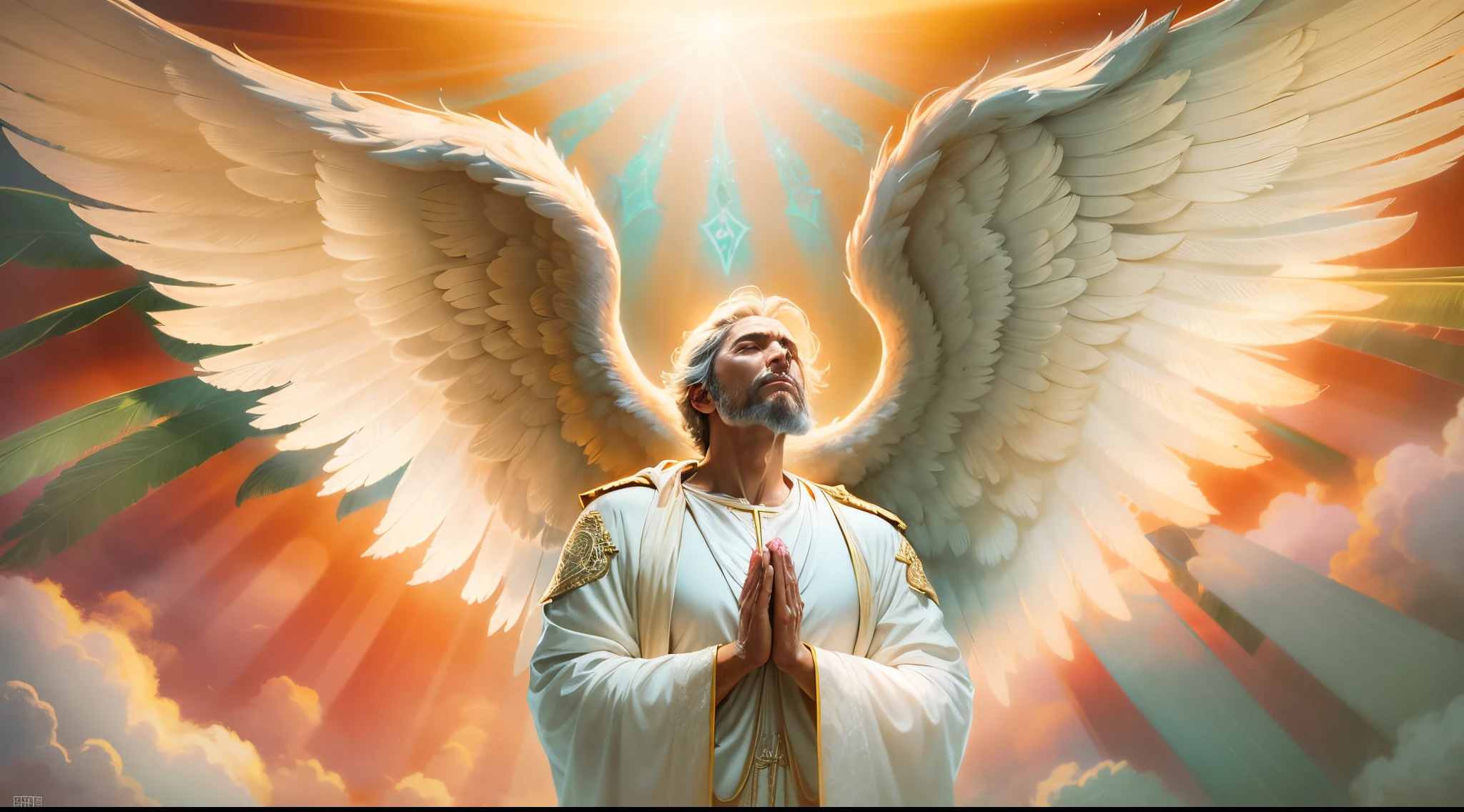 Closeup of an image of a man angel praying and blessing, arcanjo homem com asas grandes, o anjo da fortuna, perfeito, Reslistic, Biblical setting, celestial scenery, sol e nuvens ultras realistas, flores e velas, illuminated archangel of heaven, Passes em segundo plano, flores coloridas, velas acesas, roupas brancas e vermelhas