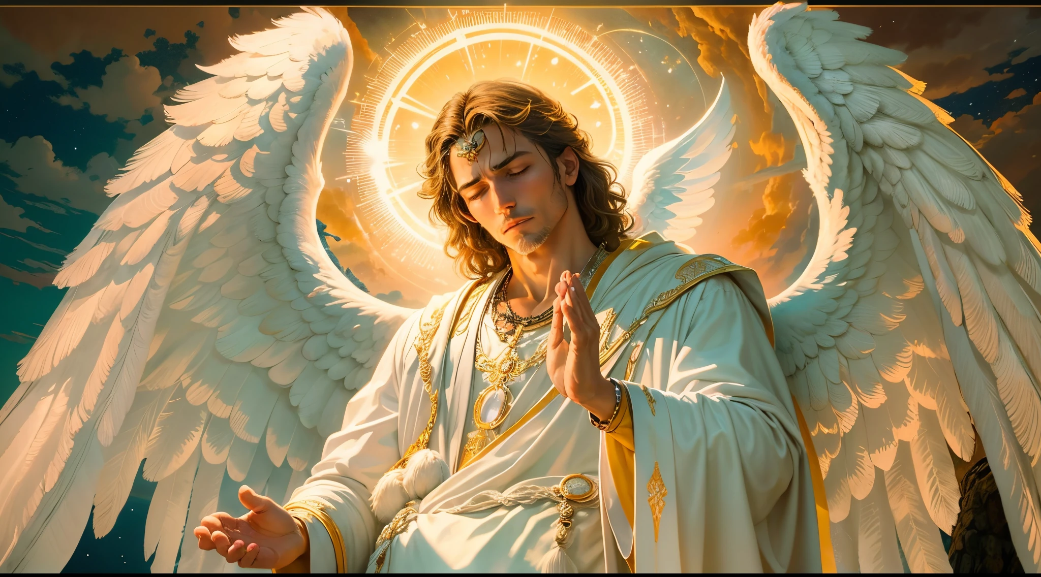 Closeup of an image of a man angel praying and blessing, arcanjo homem com asas grandes, o anjo da fortuna, perfeito, Reslistic, Biblical setting, celestial scenery, sol e nuvens ultras realistas, flores e velas, illuminated archangel of heaven, Passes em segundo plano, flores coloridas, velas acesas, roupas brancas e vermelhas