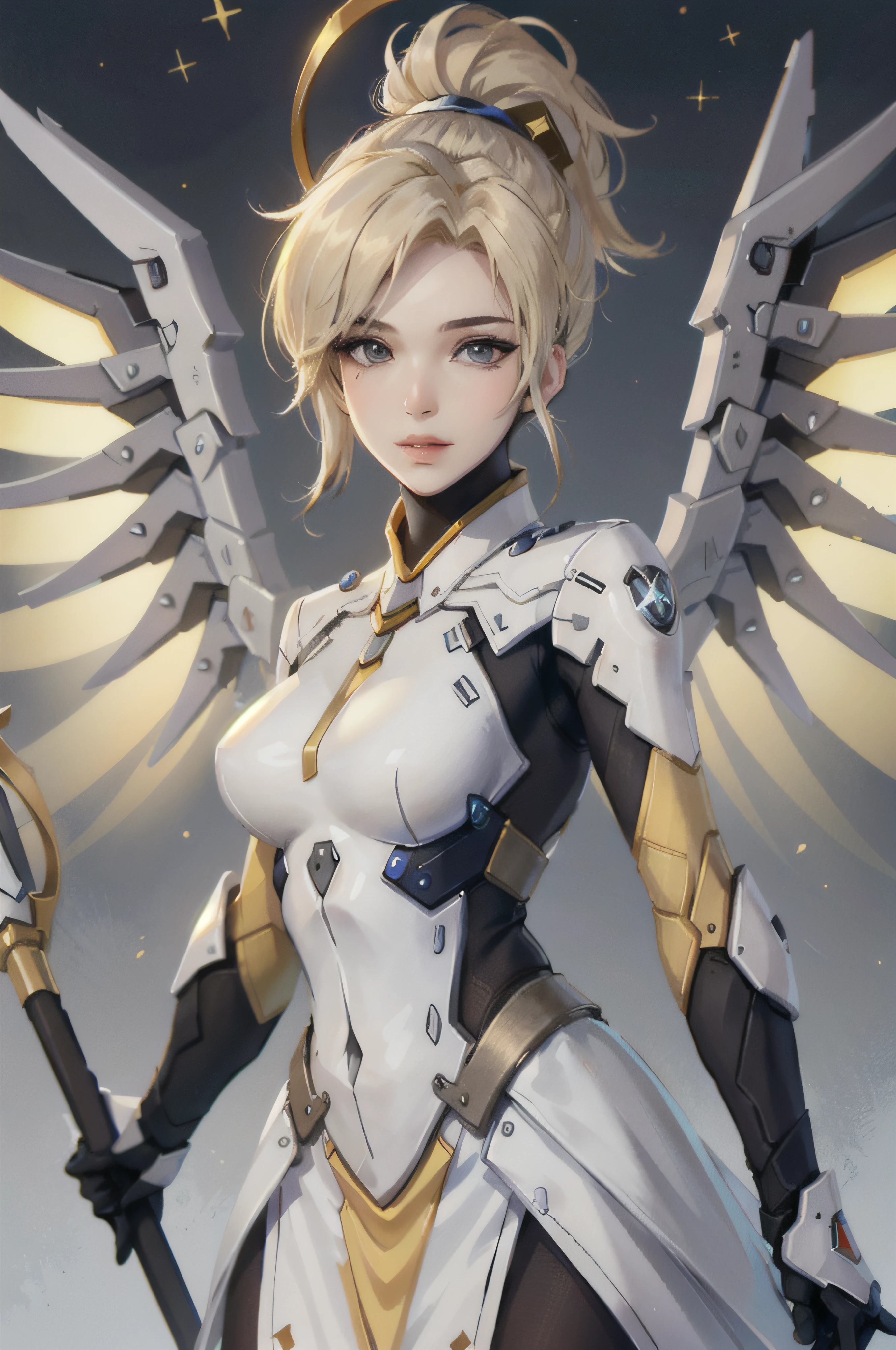 ((face portrait)), MercyOver, 1girl, mercy (overwatch), mechanical wings, mechanical halo, solo, blonde hair, wings, blue eyes, halo, staff, yellow wings, breasts, bodysuit, holding,, lips, looking at viewer, holding staff, medium breasts, spread wings, glowing wings, nose, high ponytail, ponytail, light particles, glitter, fantasy backgrounds, standing, upper body portrait, looking at the viewer,
