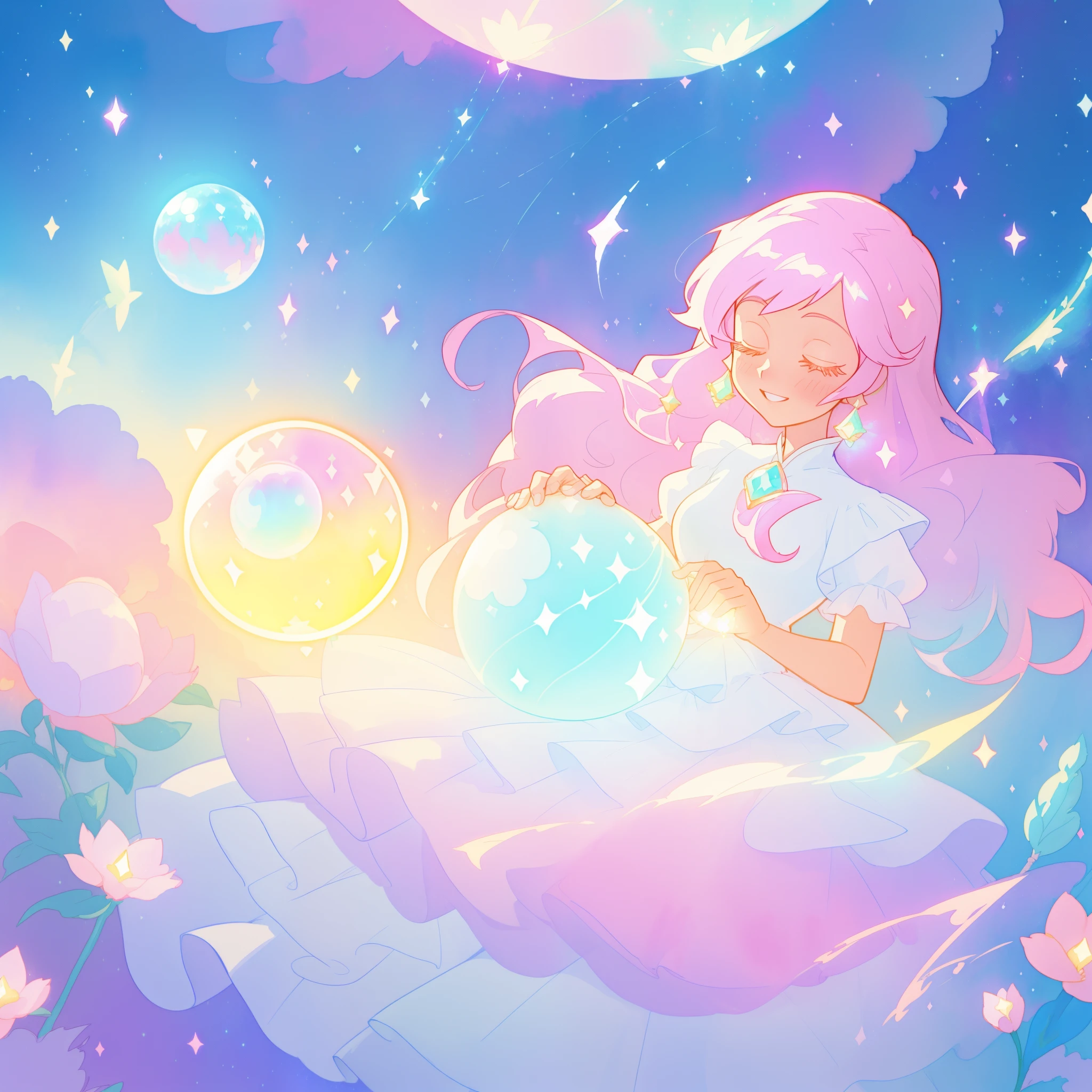 beautiful girl in sparkling white dress holding a magical sphere, ((sparkling puffy layered ballgown)), (magical, whimsical), (glowing magical orb), long flowing colorful hair, colorful fantasia background, watercolor illustration, disney art style, glowing aura around her, glowing lights, beautiful digital illustration, fantasia otherworldly landscape plants flowers, beautiful, masterpiece, best quality, anime disney style