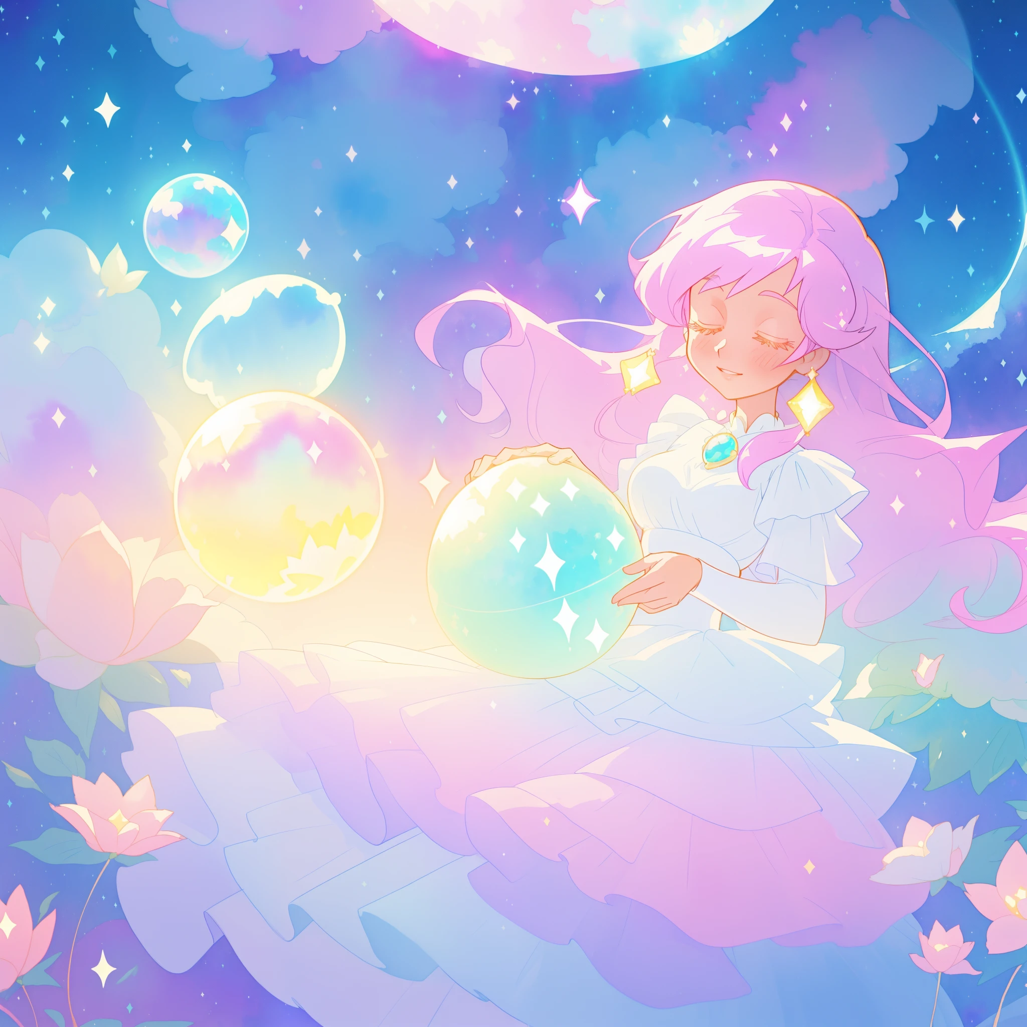 beautiful girl in sparkling white dress holding a magical sphere, ((sparkling puffy layered ballgown)), (magical, whimsical), (glowing magical orb), long flowing colorful hair, colorful fantasia background, watercolor illustration, disney art style, glowing aura around her, glowing lights, beautiful digital illustration, fantasia otherworldly landscape plants flowers, beautiful, masterpiece, best quality, anime disney style