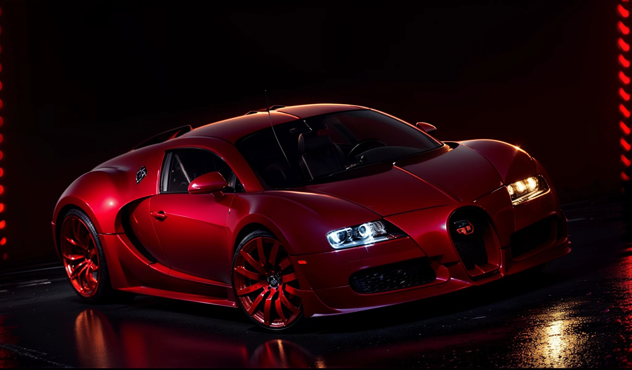 an imposing red Bugatti with its headlights well lit and turned on reflecting on a street in East Los Angeles at night full of stars with Saturn appearing with the rings and comets crossing the sky and with the full moon illuminated with the starry sky with galaxies and comets and reflecting objects. Grafitti nos muros e carros e a rua molhada e refletiva com as faixas de pedestre , estilo gangster