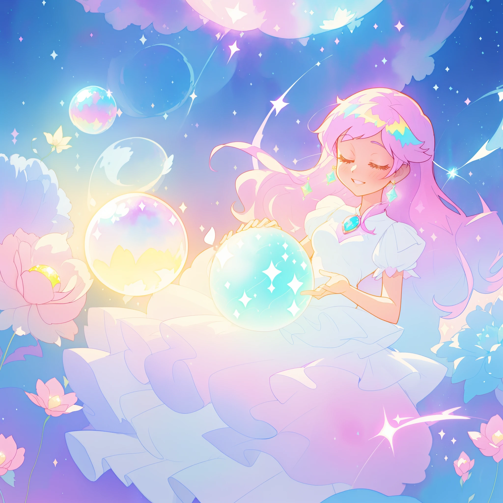 beautiful girl in sparkling white dress holding a magical sphere, ((sparkling puffy layered ballgown)), (magical, whimsical), (glowing magical orb), long flowing colorful hair, colorful fantasia background, watercolor illustration, disney art style, glowing aura around her, glowing lights, beautiful digital illustration, fantasia otherworldly landscape plants flowers, beautiful, masterpiece, best quality, anime disney style
