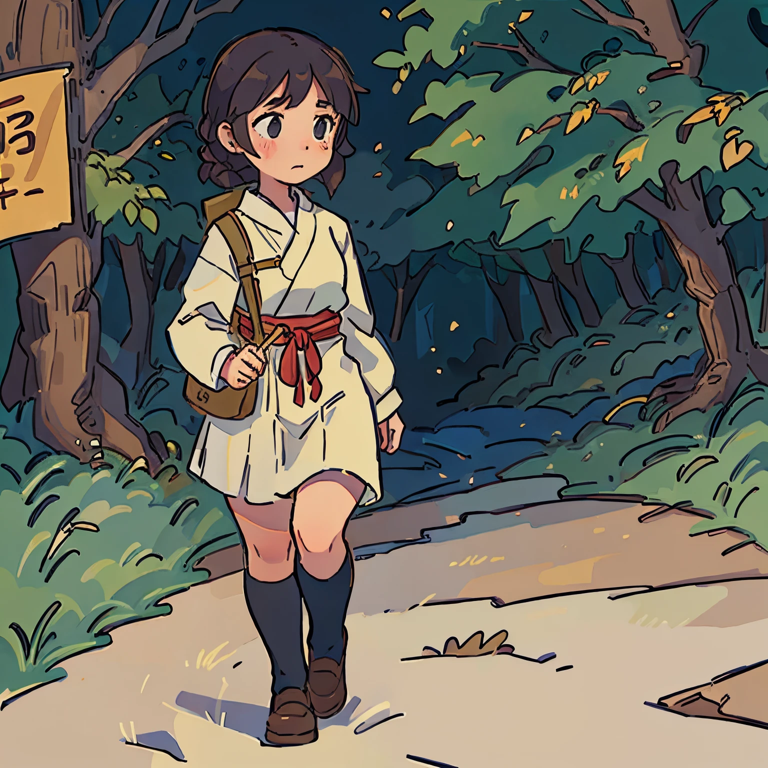 ung girl, traditional clothing, walking along a wooded path, scared,