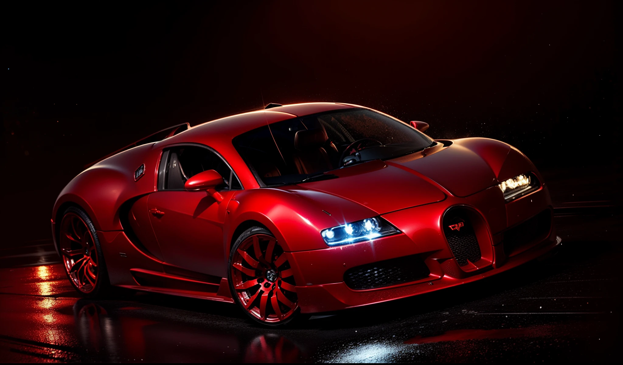 an imposing red Bugatti with its headlights well lit and turned on reflecting on a street in East Los Angeles at night full of stars with Saturn appearing with the rings and comets crossing the sky and with the full moon illuminated with the starry sky with galaxies and comets and reflecting objects. Grafitti nos muros e carros e a rua molhada e refletiva com as faixas de pedestre , estilo gangster
