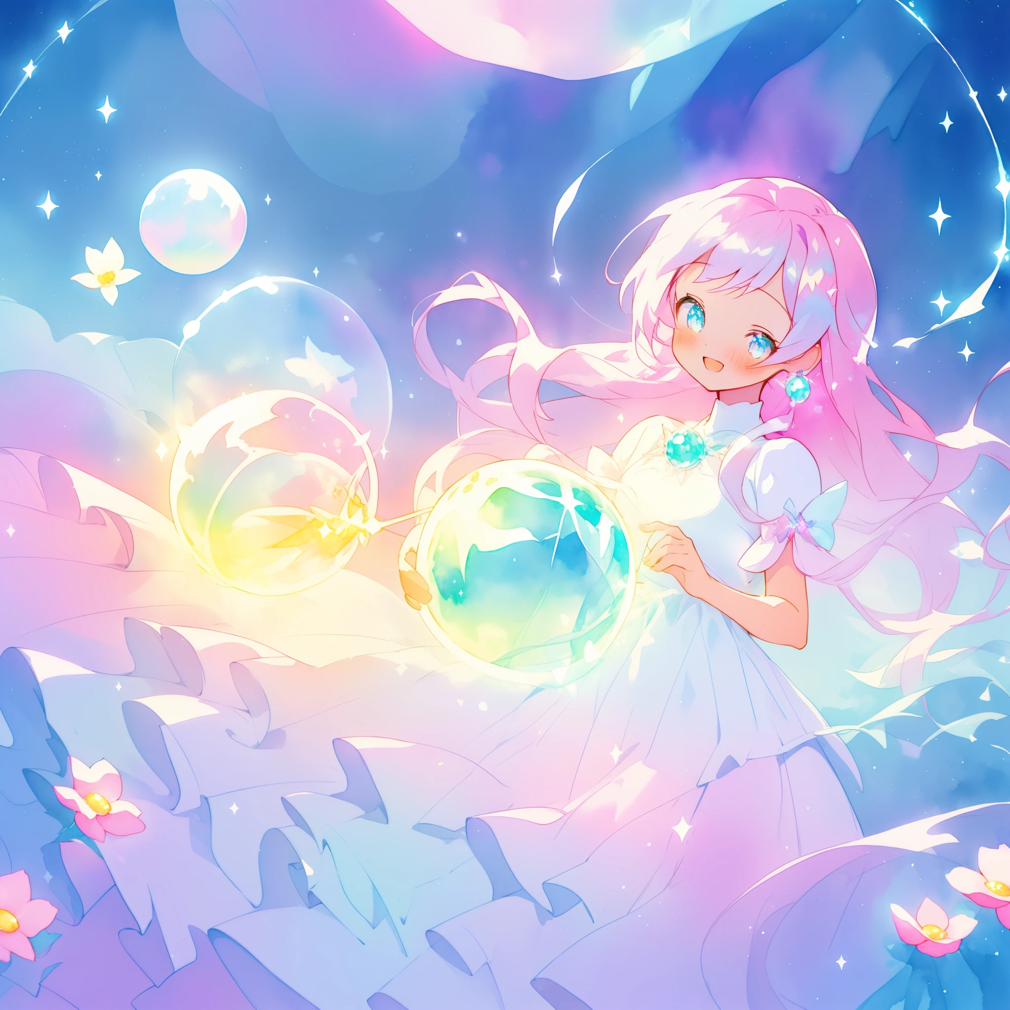 beautiful girl in sparkling white dress holding a magical sphere, ((sparkling puffy layered ballgown)), (magical, whimsical), (glowing magical orb), long flowing colorful hair, colorful fantasia background, watercolor illustration, disney art style, glowing aura around her, glowing lights, beautiful digital illustration, fantasia otherworldly landscape plants flowers, beautiful, masterpiece, best quality, anime disney style