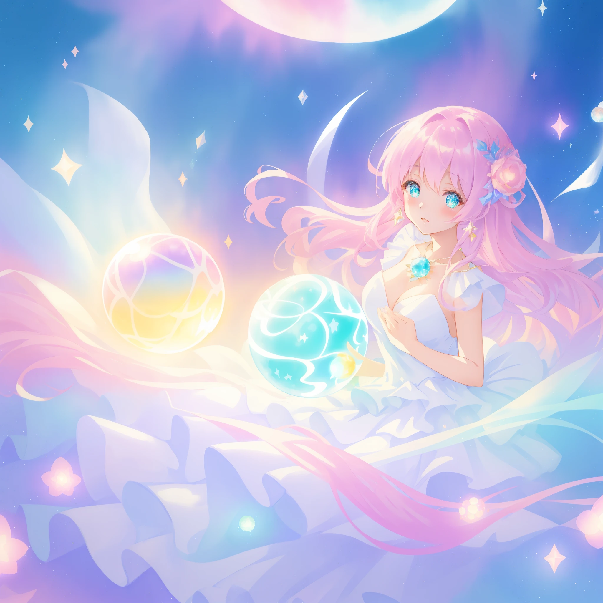 beautiful girl in sparkling white dress holding a magical sphere, ((sparkling puffy layered ballgown)), (magical, whimsical), (glowing magical orb), long flowing colorful hair, colorful fantasia background, watercolor illustration, disney art style, glowing aura around her, glowing lights, beautiful digital illustration, fantasia otherworldly landscape plants flowers, beautiful, masterpiece, best quality, anime disney style