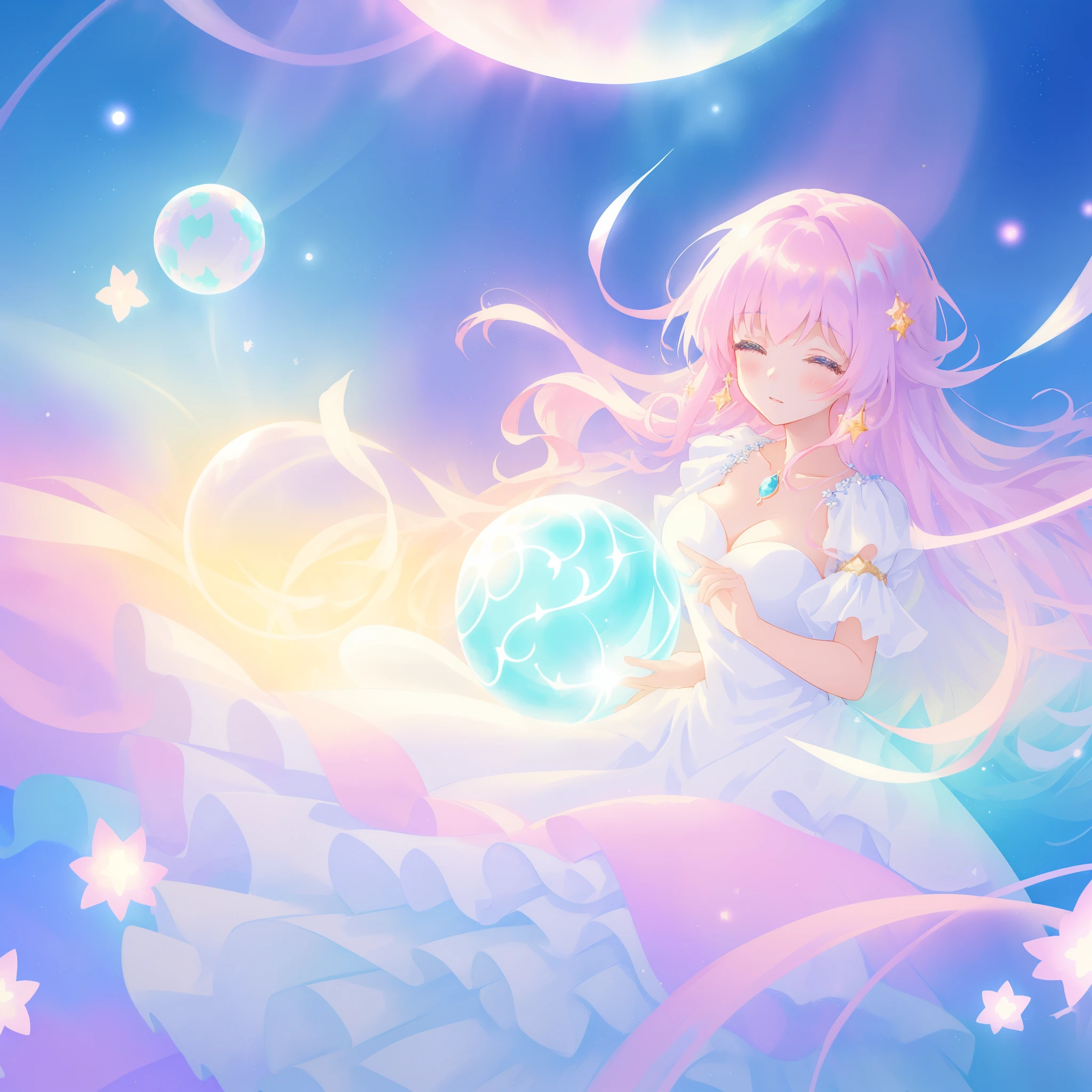 beautiful girl in sparkling white dress holding a magical sphere, ((sparkling puffy layered ballgown)), (magical, whimsical), (glowing magical orb), long flowing colorful hair, colorful fantasia background, watercolor illustration, disney art style, glowing aura around her, glowing lights, beautiful digital illustration, fantasia otherworldly landscape plants flowers, beautiful, masterpiece, best quality, anime disney style