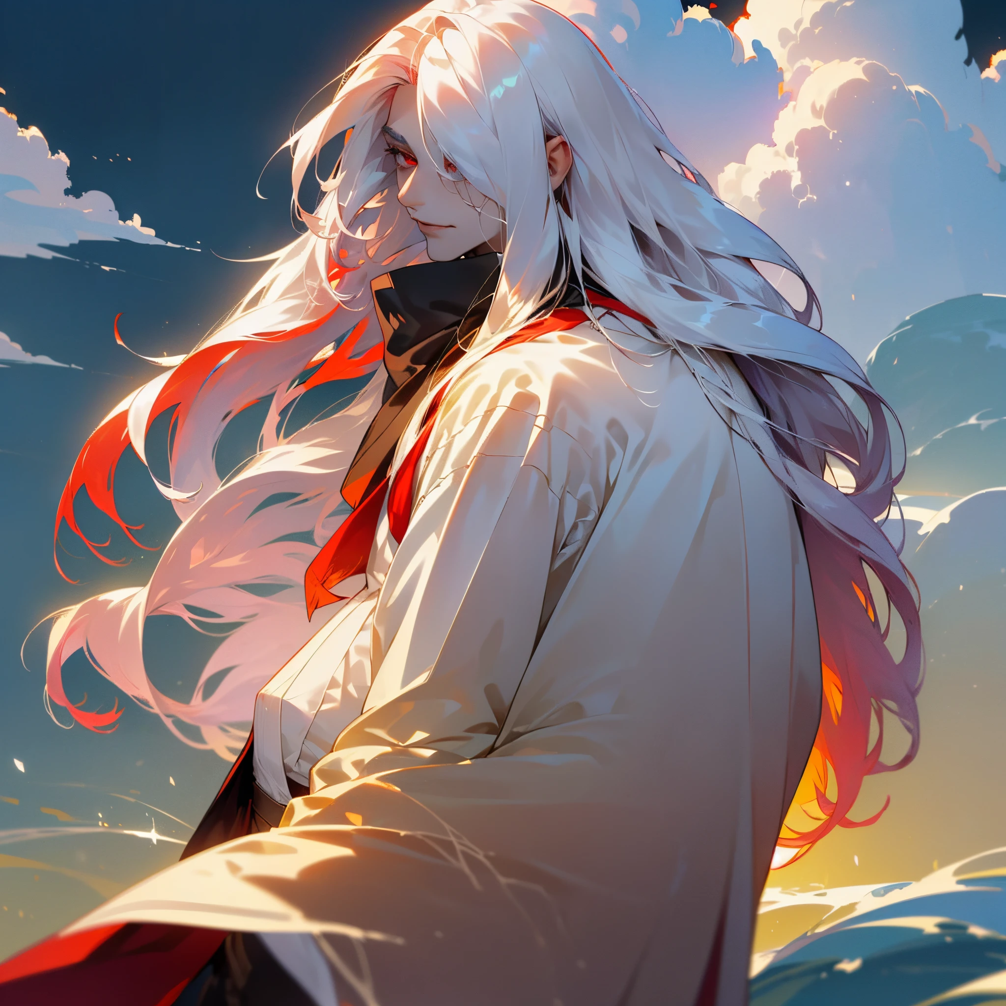 Anime - stylistic image of a man with long white hair, Man with white long hair standing in the lake and looking at the camera, ((tmasterpiece)), ((beste-Qualit, hight resolution, ultradetailed), bright colours, ((((1 male)))), Male character, grown up, tall muscular guy, wide shoulders, Strong Character, Fantasy, dnd, person, red-eyes, albino, The Albino Man, Pure White Long Hair, White long hair (hair above one eye), (big hair), white colored hair, slick hair, straight hair, Creating an atmospheric atmosphere, pale skin, macabre, Gloomy design, Has red smoke and aura, eldritch, Creepy, nightmarish, light around the head, Additional lighting, Against the background of the sky, ((fluffy clouds)), bright sunny day, light mist, in a white kimono, looks at the viewer, canny smile, smirk, muscular back, Men's Back, white-haired god, White silk garment, Gold Pattern