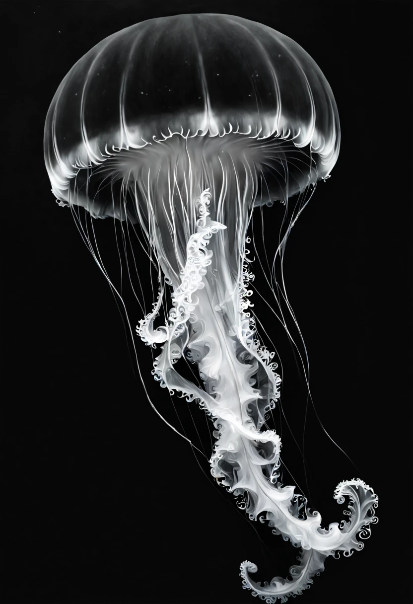 I want a realistic sea jellyfish in black and white with a lot of movement and downward curves